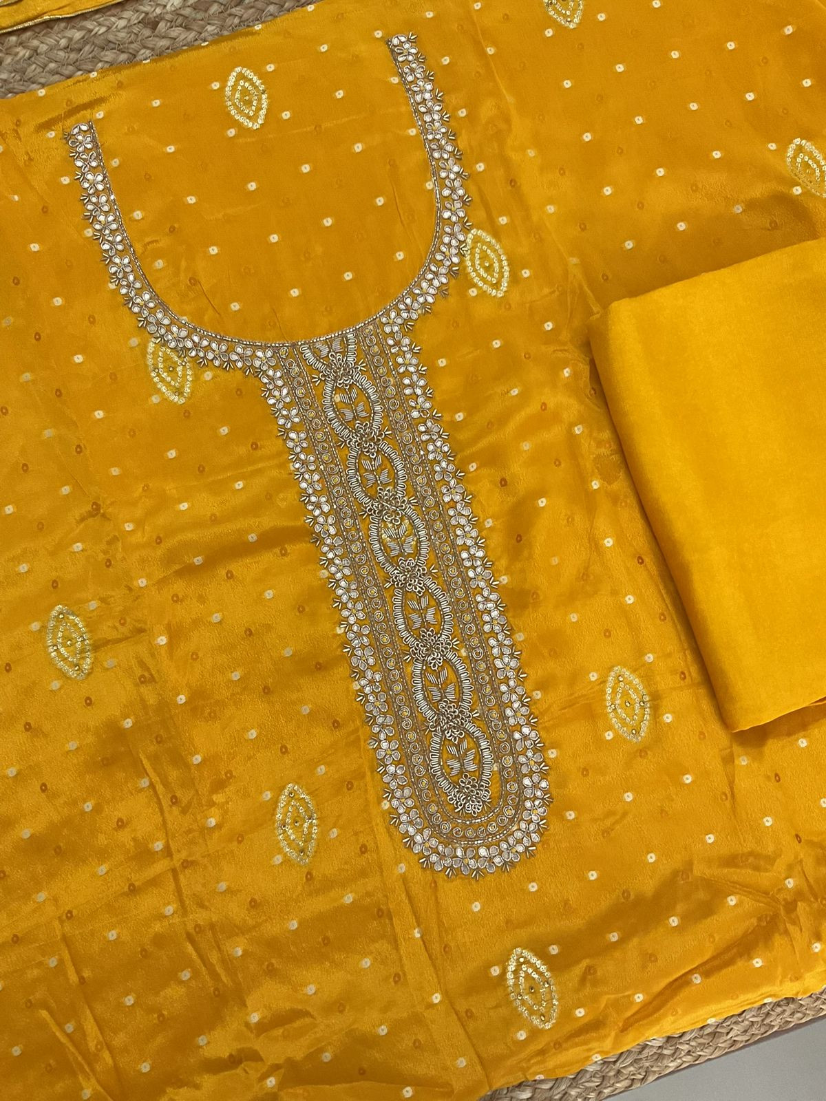 Pure Chinnon Silk Printed Banarasi Weaved Embroidered Suit - Yellow