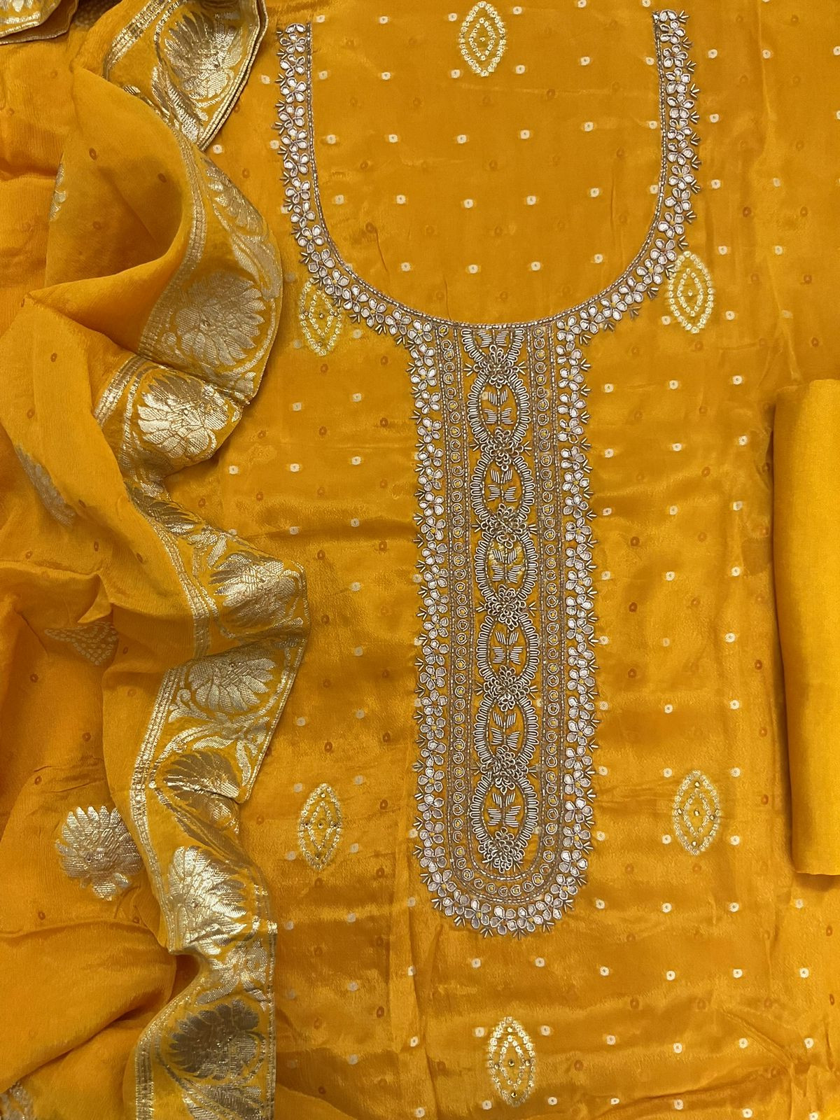 Pure Chinnon Silk Printed Banarasi Weaved Embroidered Suit - Yellow