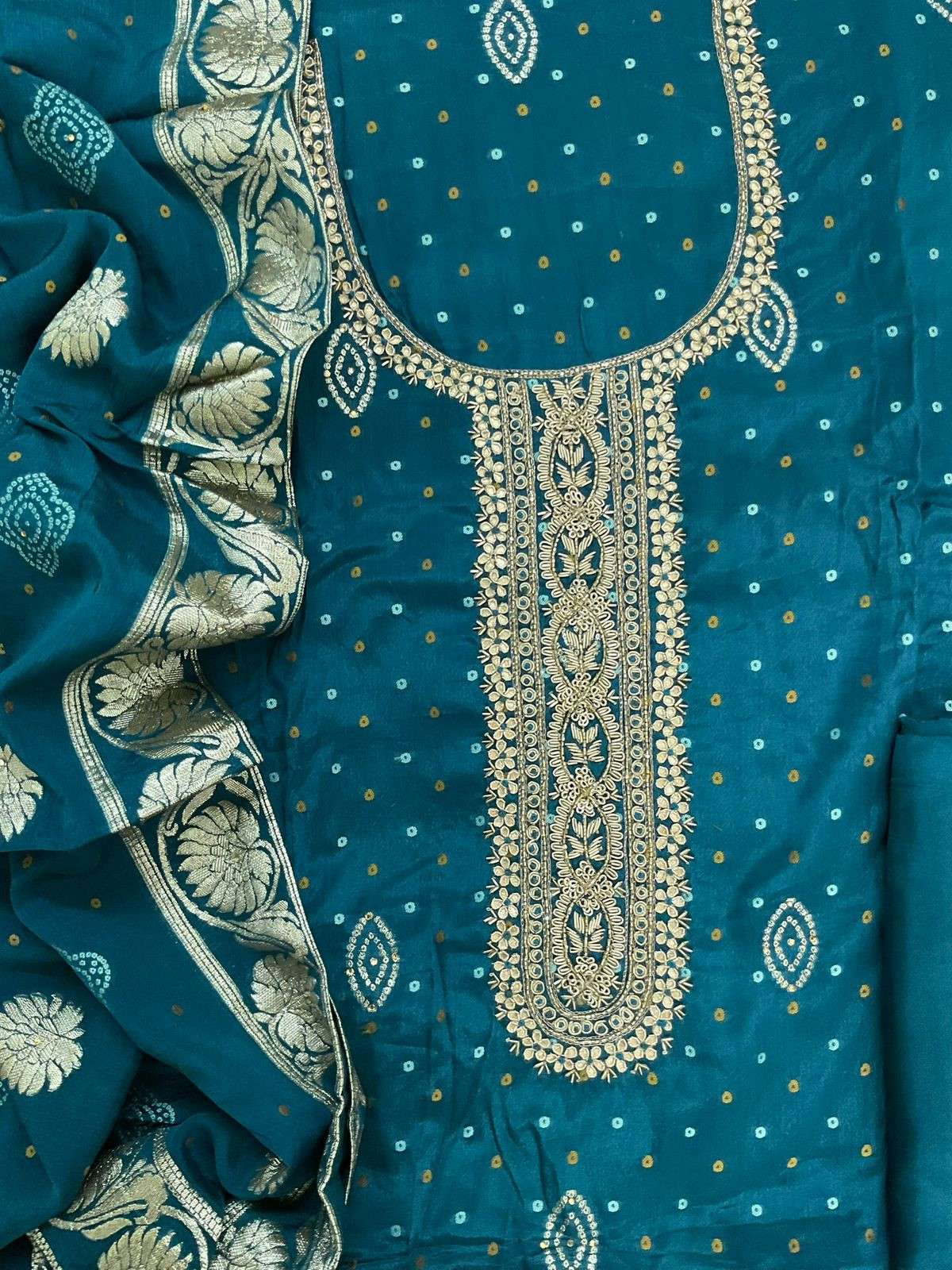 Pure Chinnon Silk Printed Banarasi Weaved Embroidered Suit - Blue