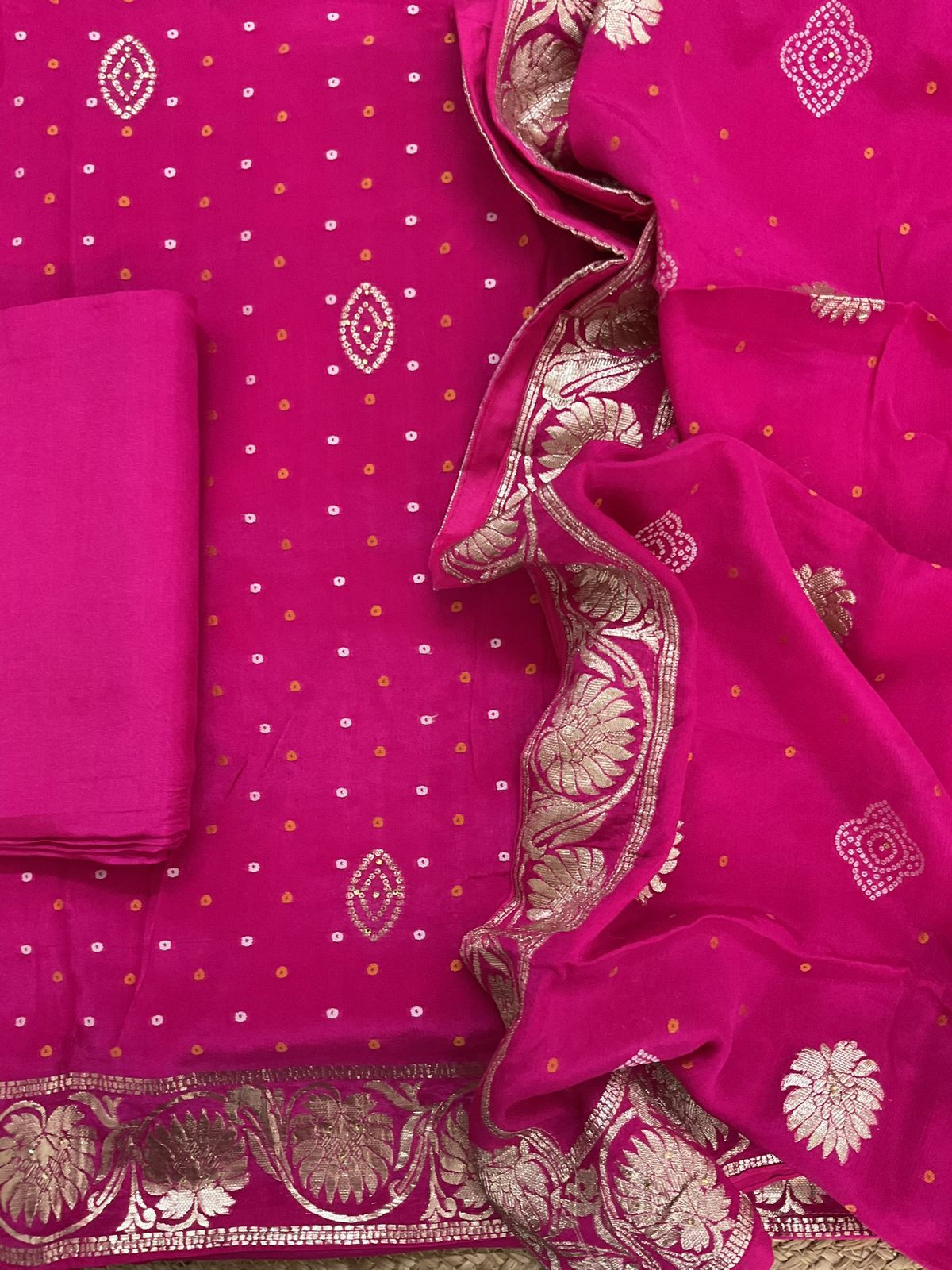 Pure Chinnon Silk Printed Banarasi Weaved Embroidered Suit - Pink