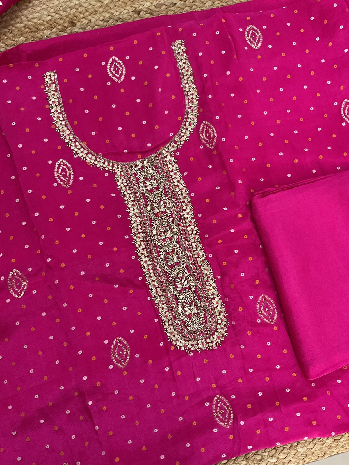 Pure Chinnon Silk Printed Banarasi Weaved Embroidered Suit - Pink