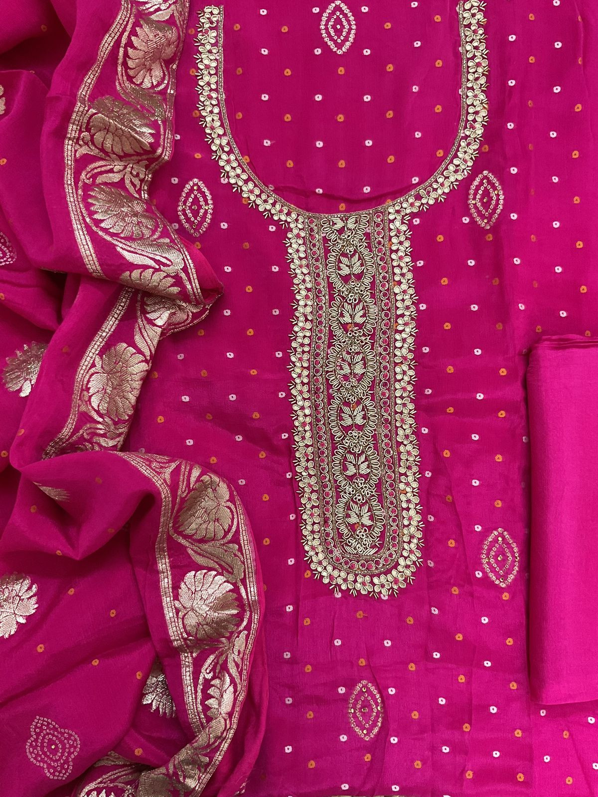 Pure Chinnon Silk Printed Banarasi Weaved Embroidered Suit - Pink
