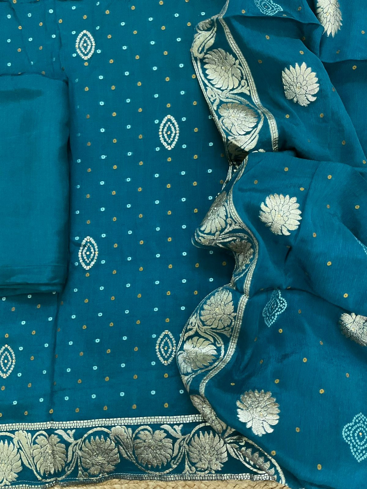 Pure Chinnon Silk Printed Banarasi Weaved Embroidered Suit - Blue