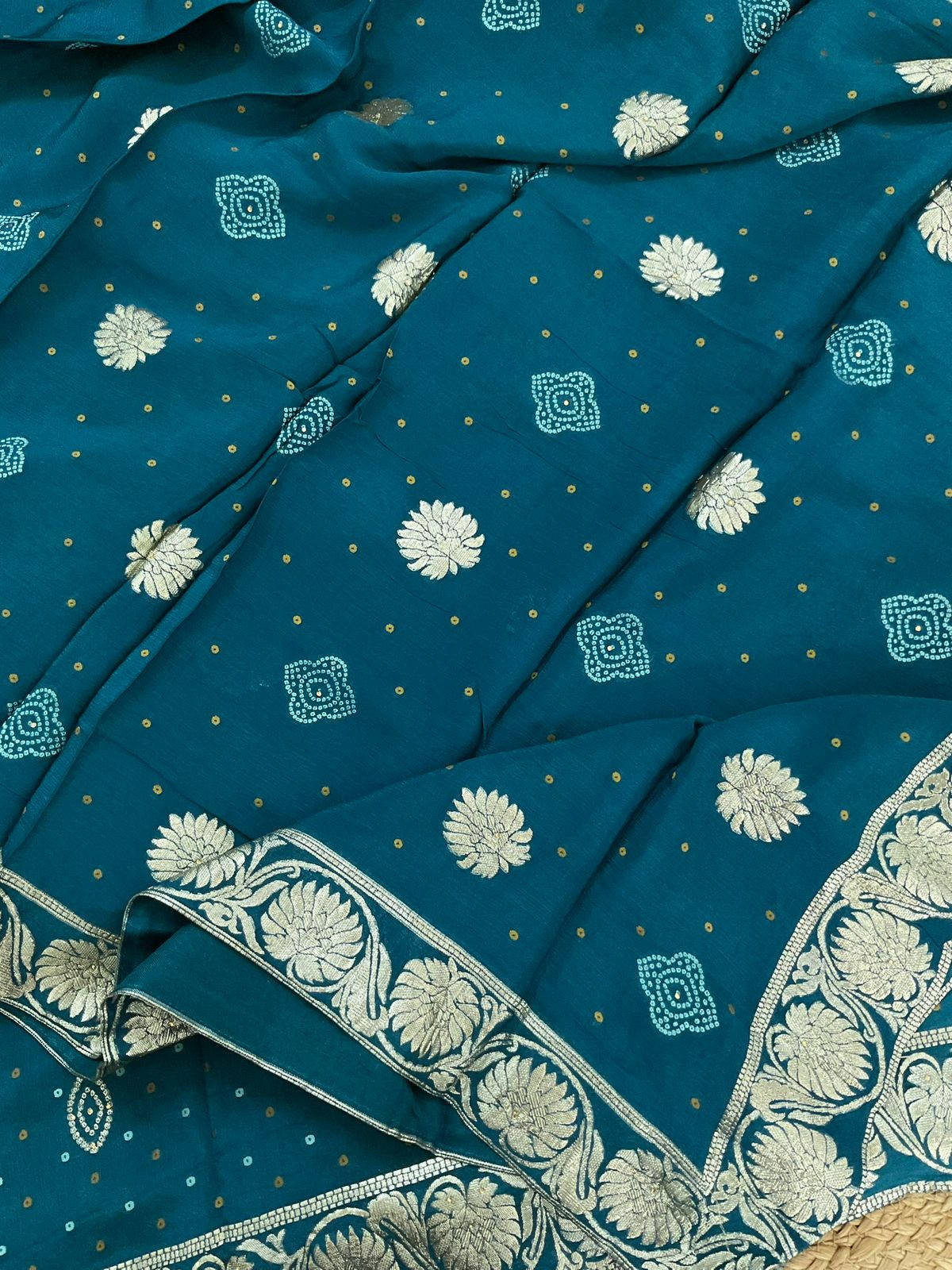 Pure Chinnon Silk Printed Banarasi Weaved Embroidered Suit - Blue