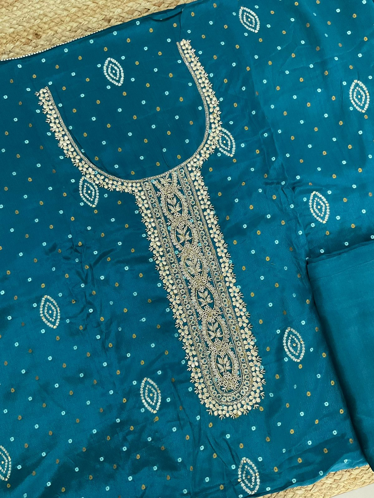 Pure Chinnon Silk Printed Banarasi Weaved Embroidered Suit - Blue