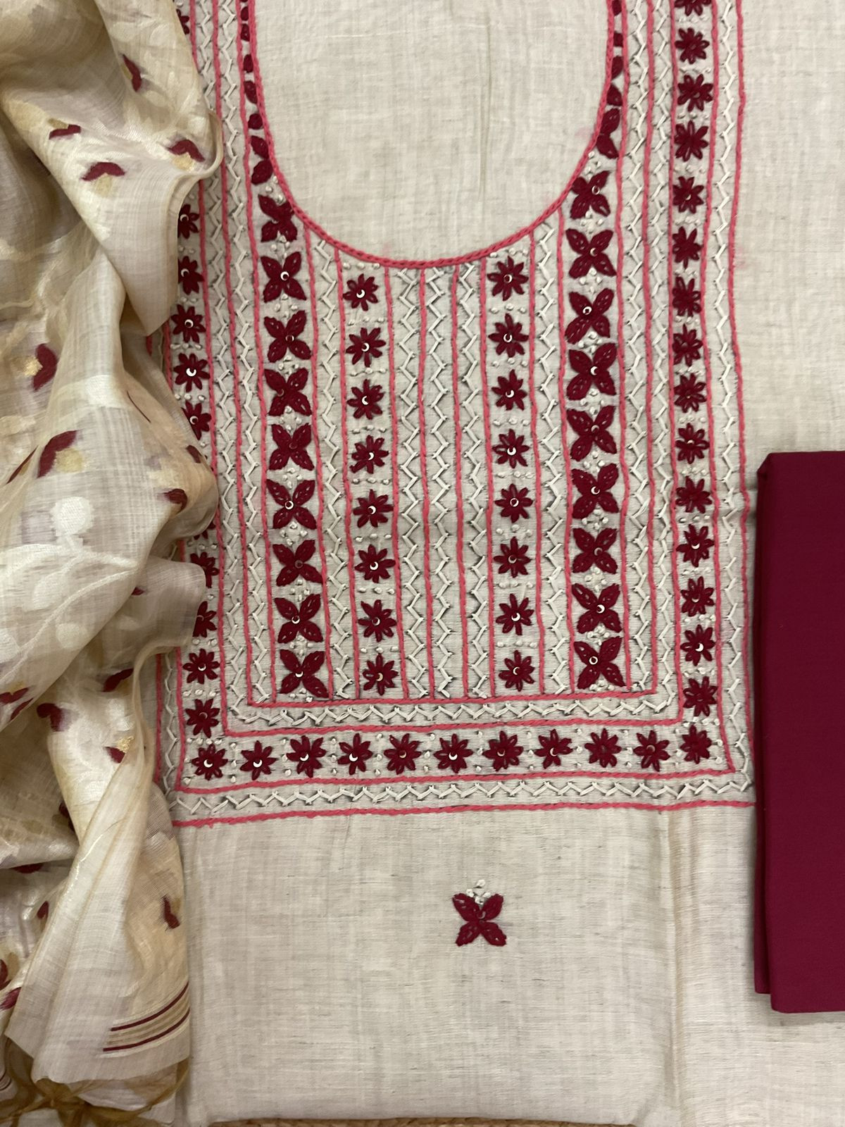 Soft Slub Chanderi Jamdani Weaved Embroidered Suit - Beige
