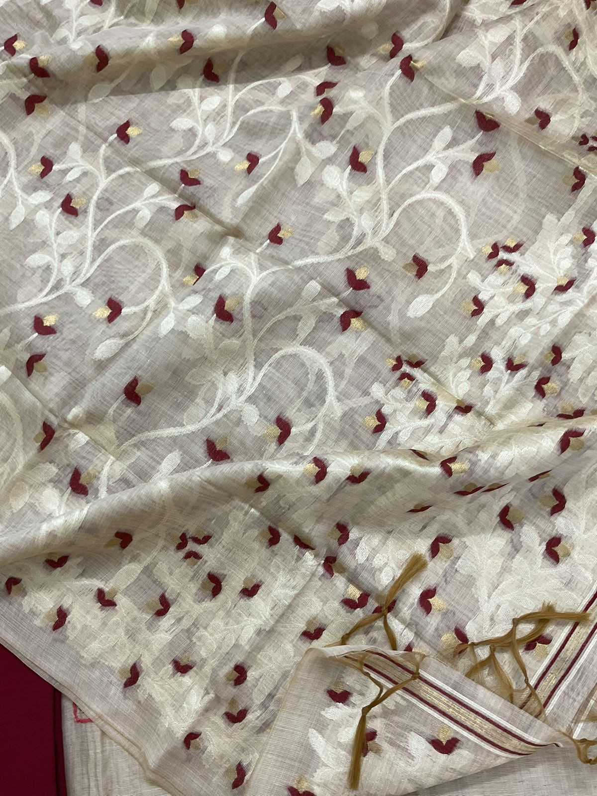 Soft Slub Chanderi Jamdani Weaved Embroidered Suit - Beige