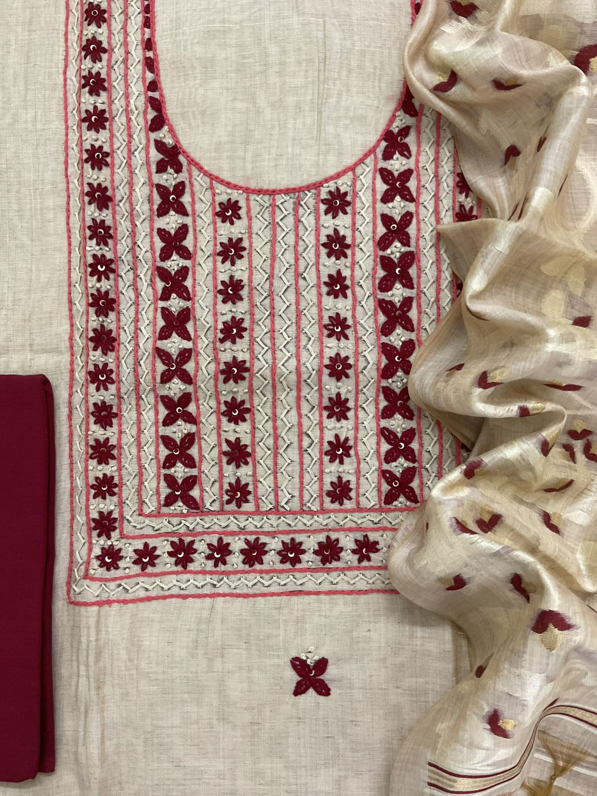 Soft Slub Chanderi Jamdani Weaved Embroidered Suit - Beige