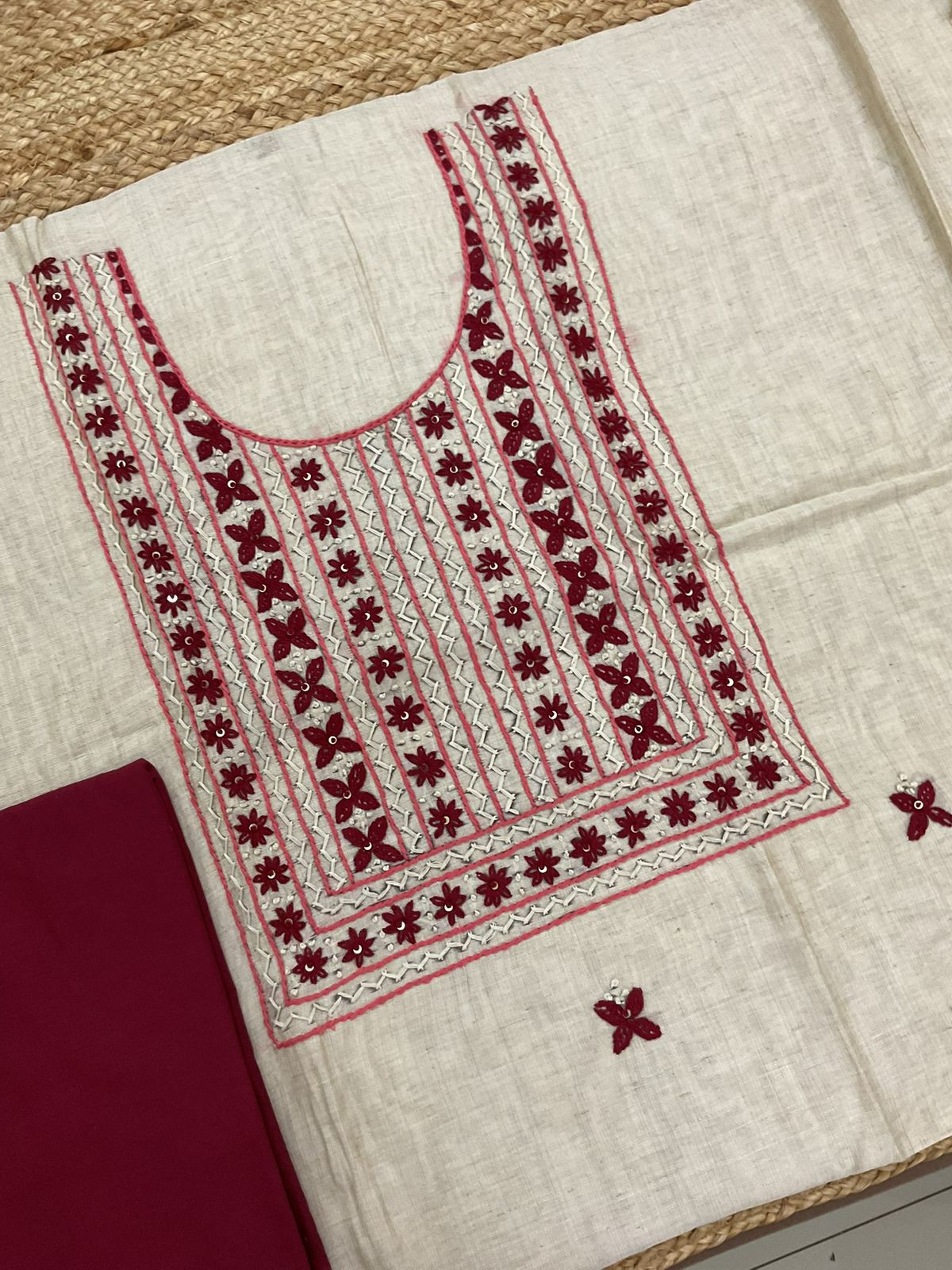 Soft Slub Chanderi Jamdani Weaved Embroidered Suit - Beige