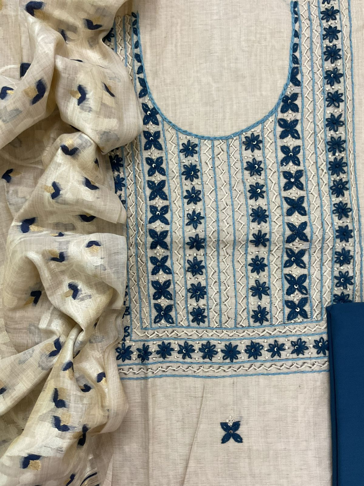 Soft Slub Chanderi Jamdani Weaved Embroidered Suit - Beige