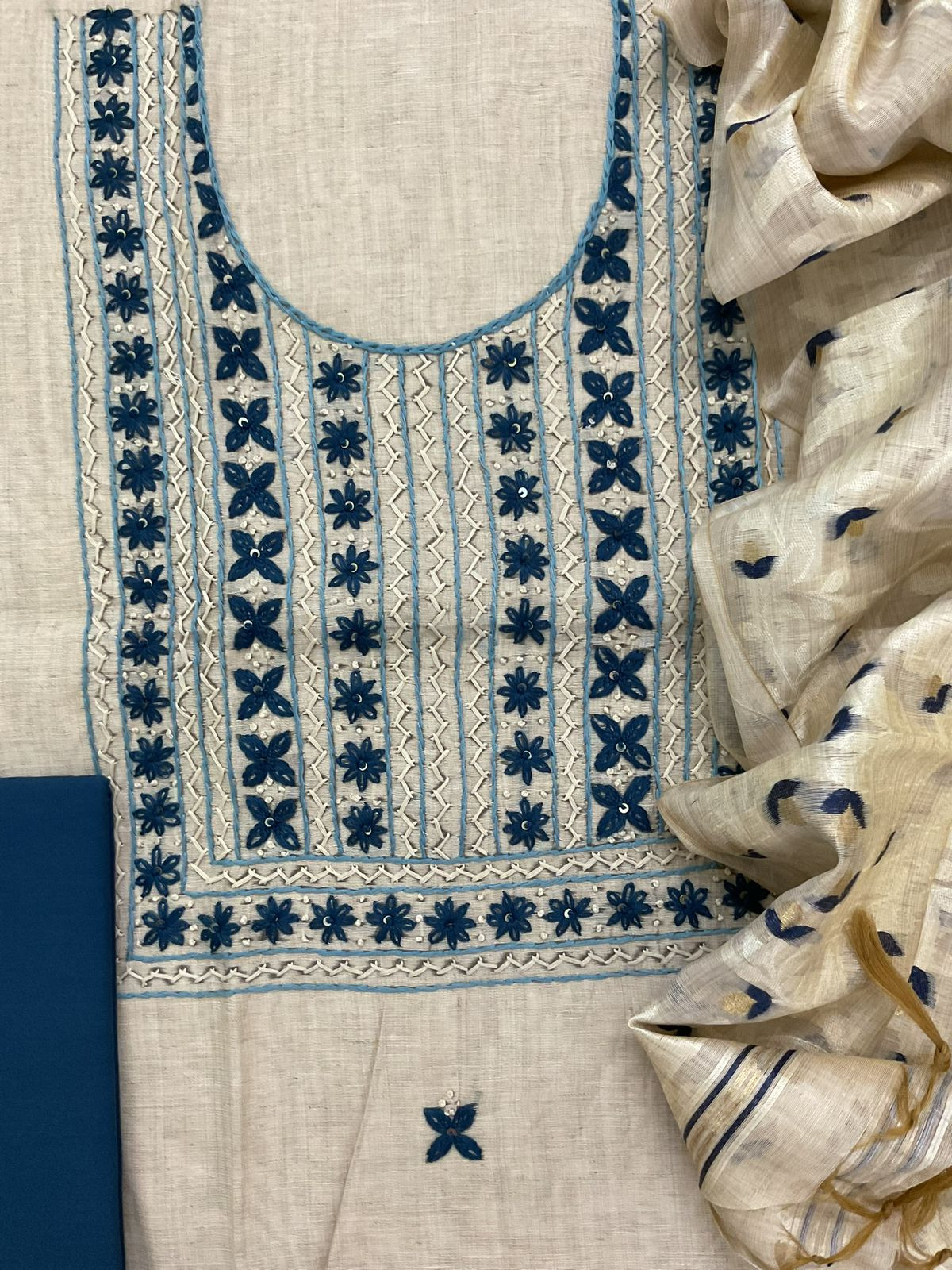 Soft Slub Chanderi Jamdani Weaved Embroidered Suit - Beige