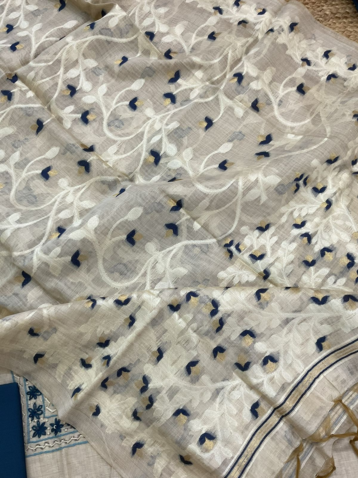 Soft Slub Chanderi Jamdani Weaved Embroidered Suit - Beige