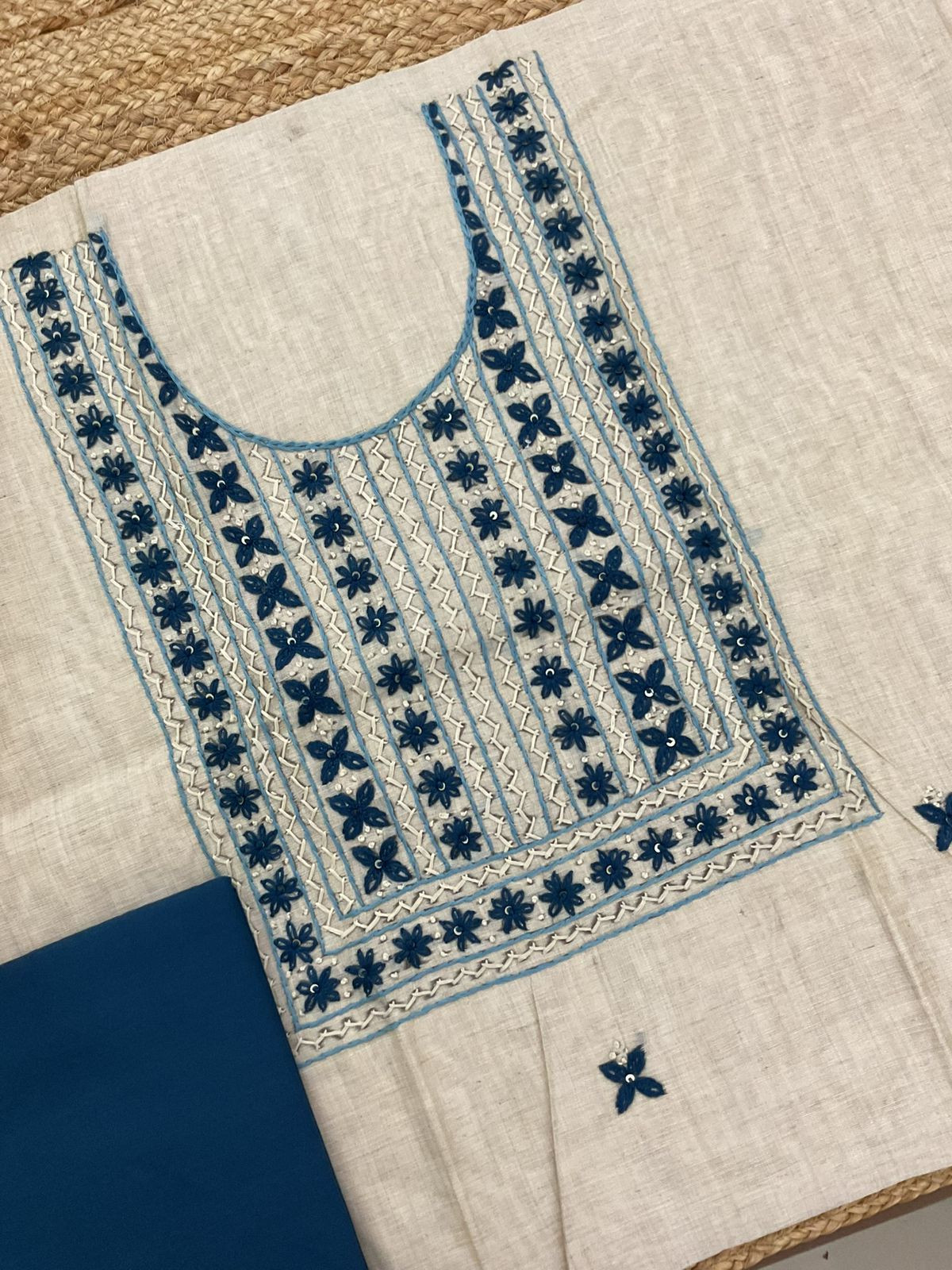 Soft Slub Chanderi Jamdani Weaved Embroidered Suit - Beige