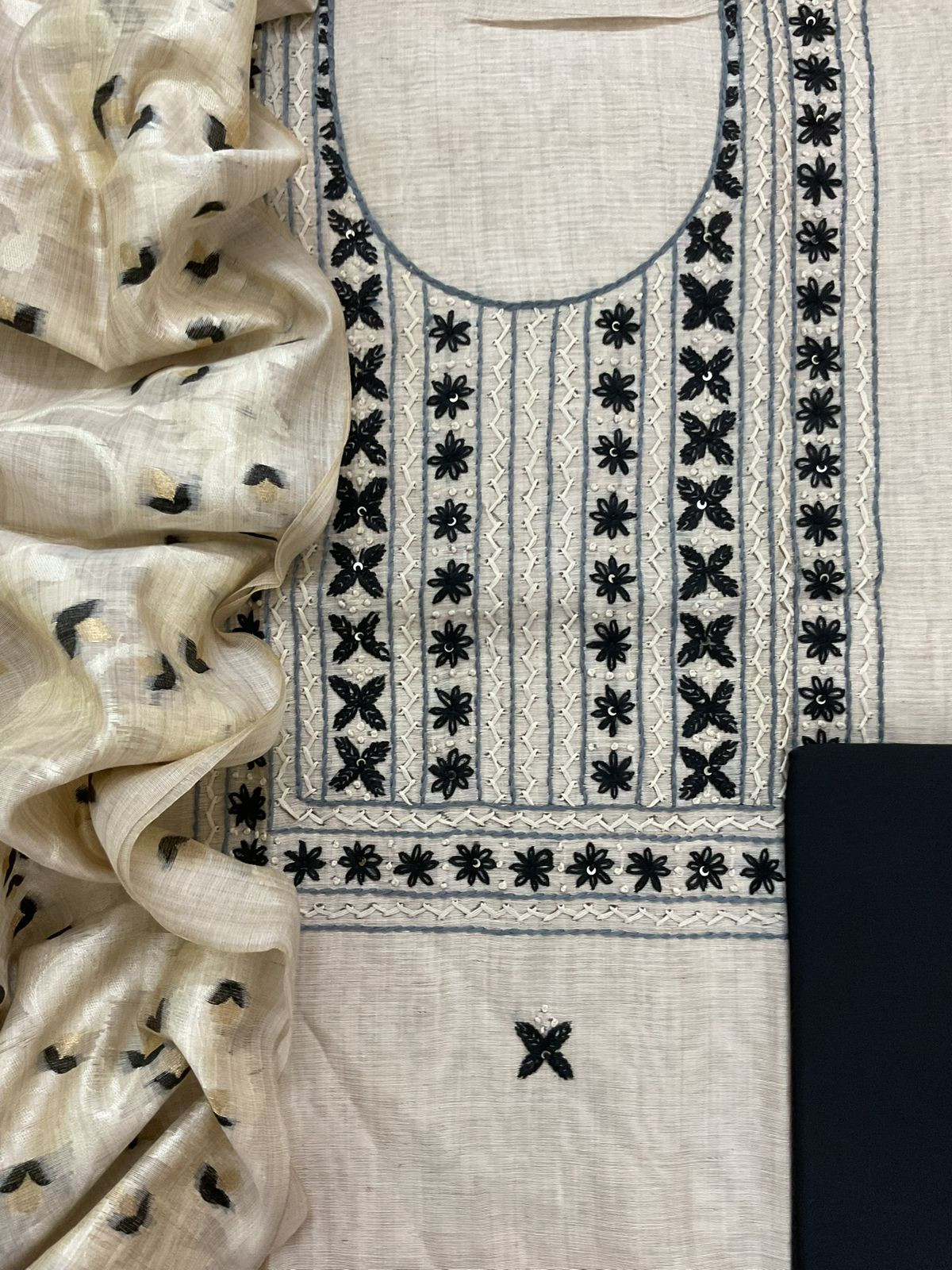 Soft Slub Chanderi Jamdani Weaved Embroidered Suit - Beige