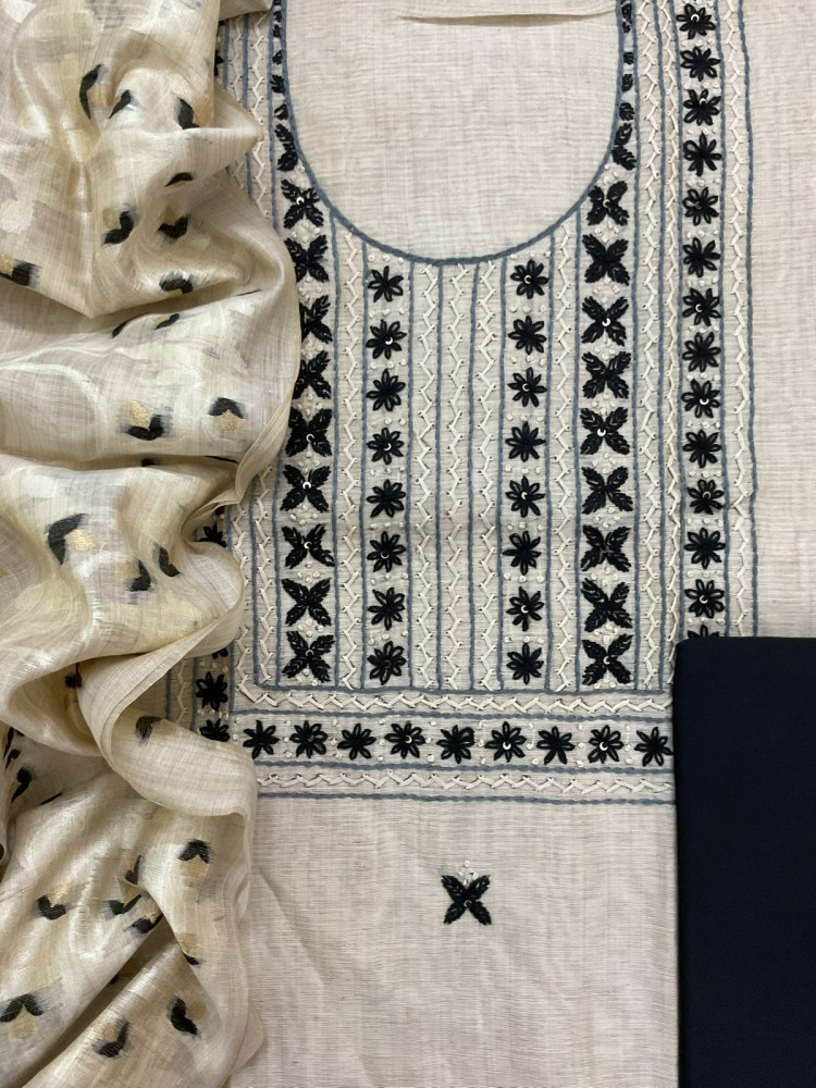 Image of Soft Slub Chanderi Jamdani Weaved Embroidered Suit - Beige