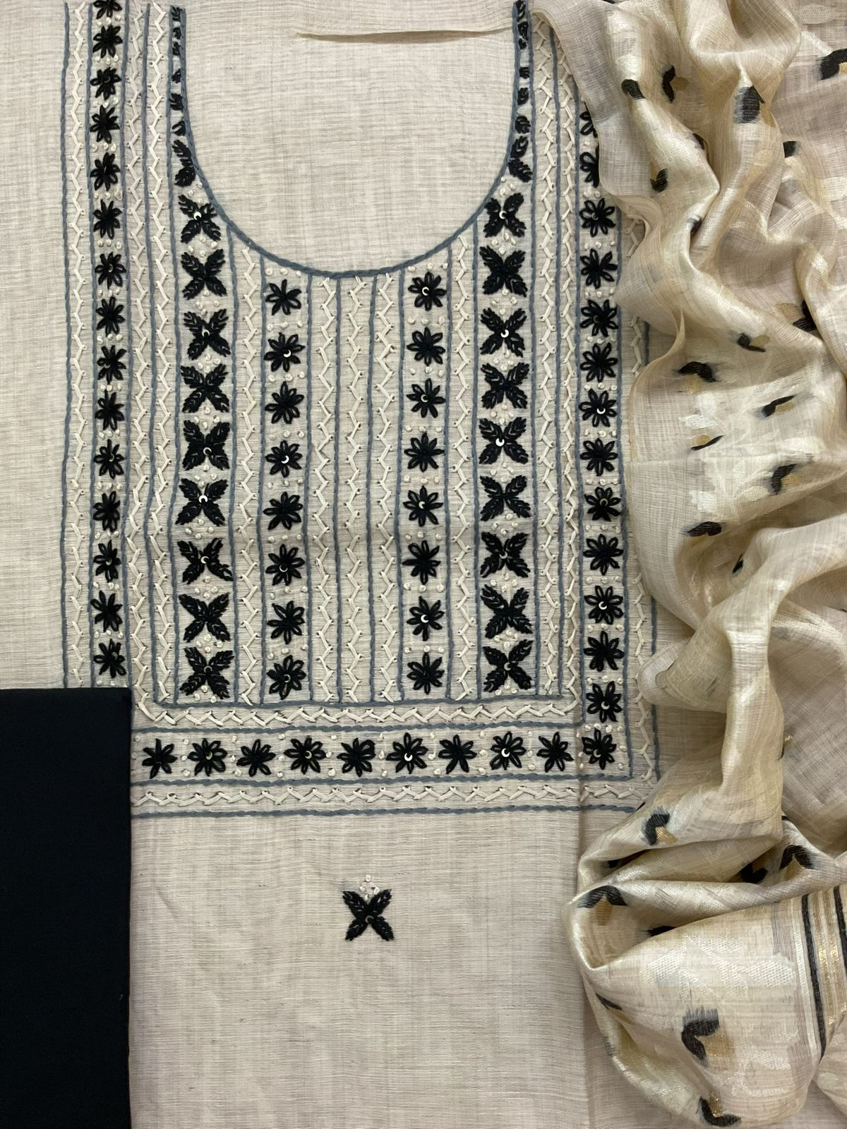 Soft Slub Chanderi Jamdani Weaved Embroidered Suit - Beige