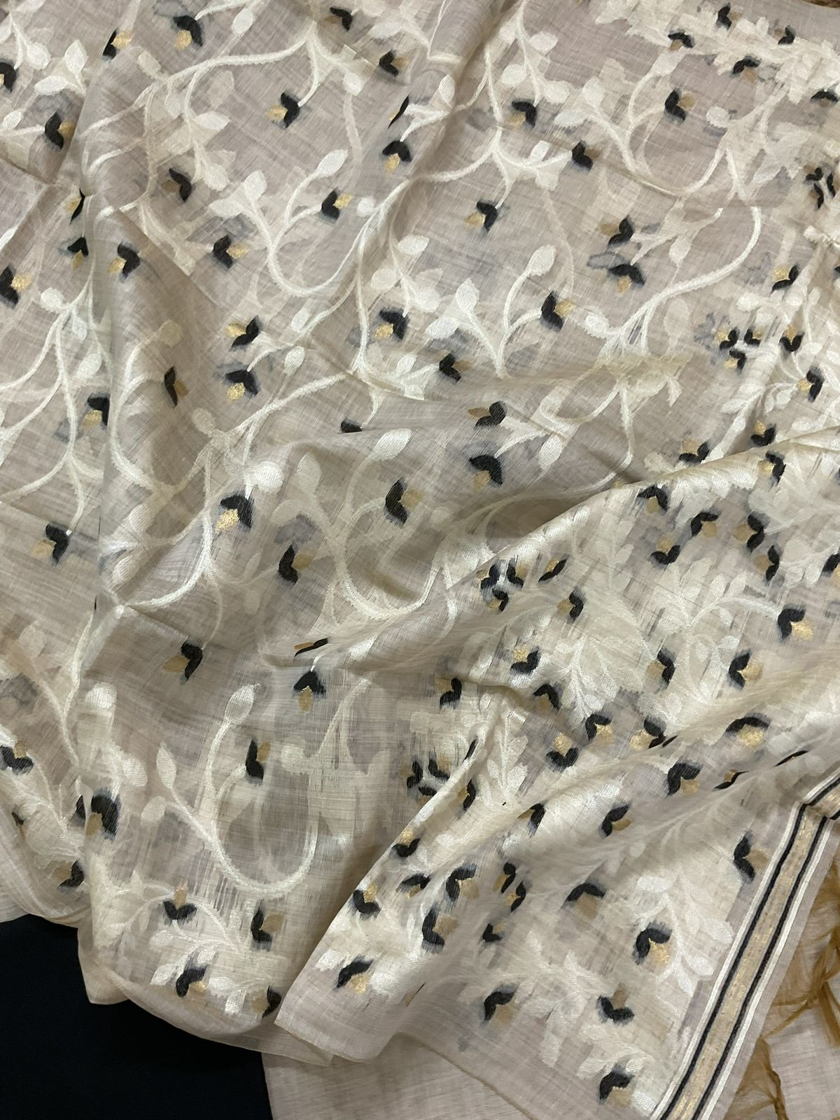 Soft Slub Chanderi Jamdani Weaved Embroidered Suit - Beige