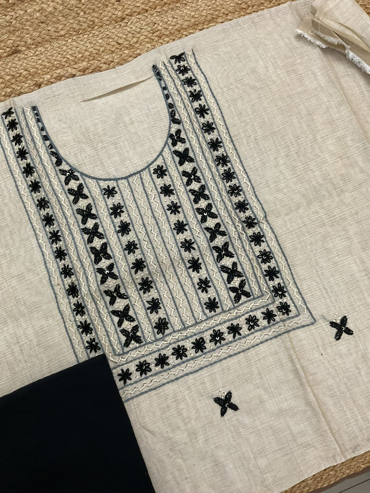 Soft Slub Chanderi Jamdani Weaved Embroidered Suit - Beige