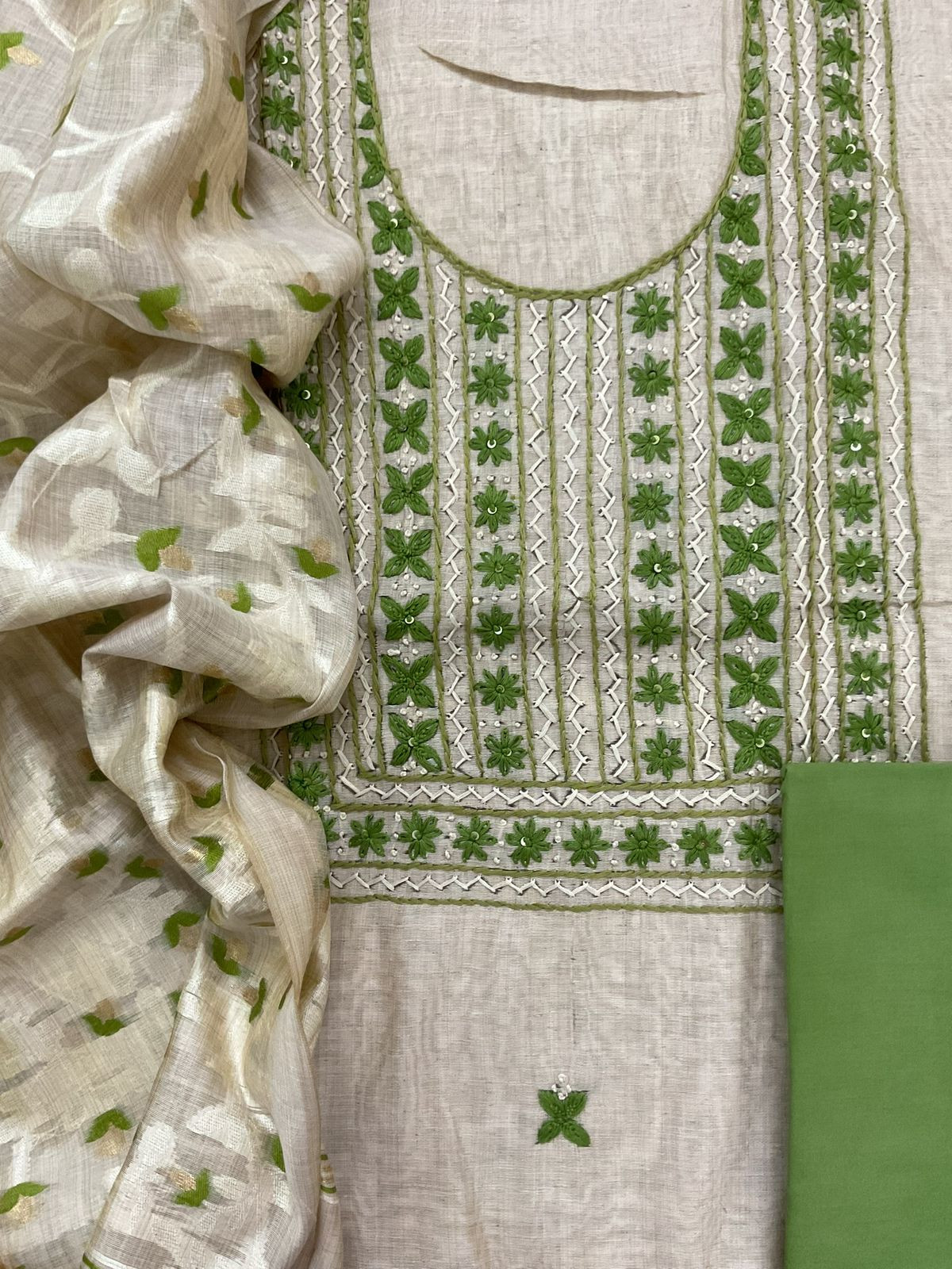 Soft Slub Chanderi Jamdani Weaved Embroidered Suit - Beige