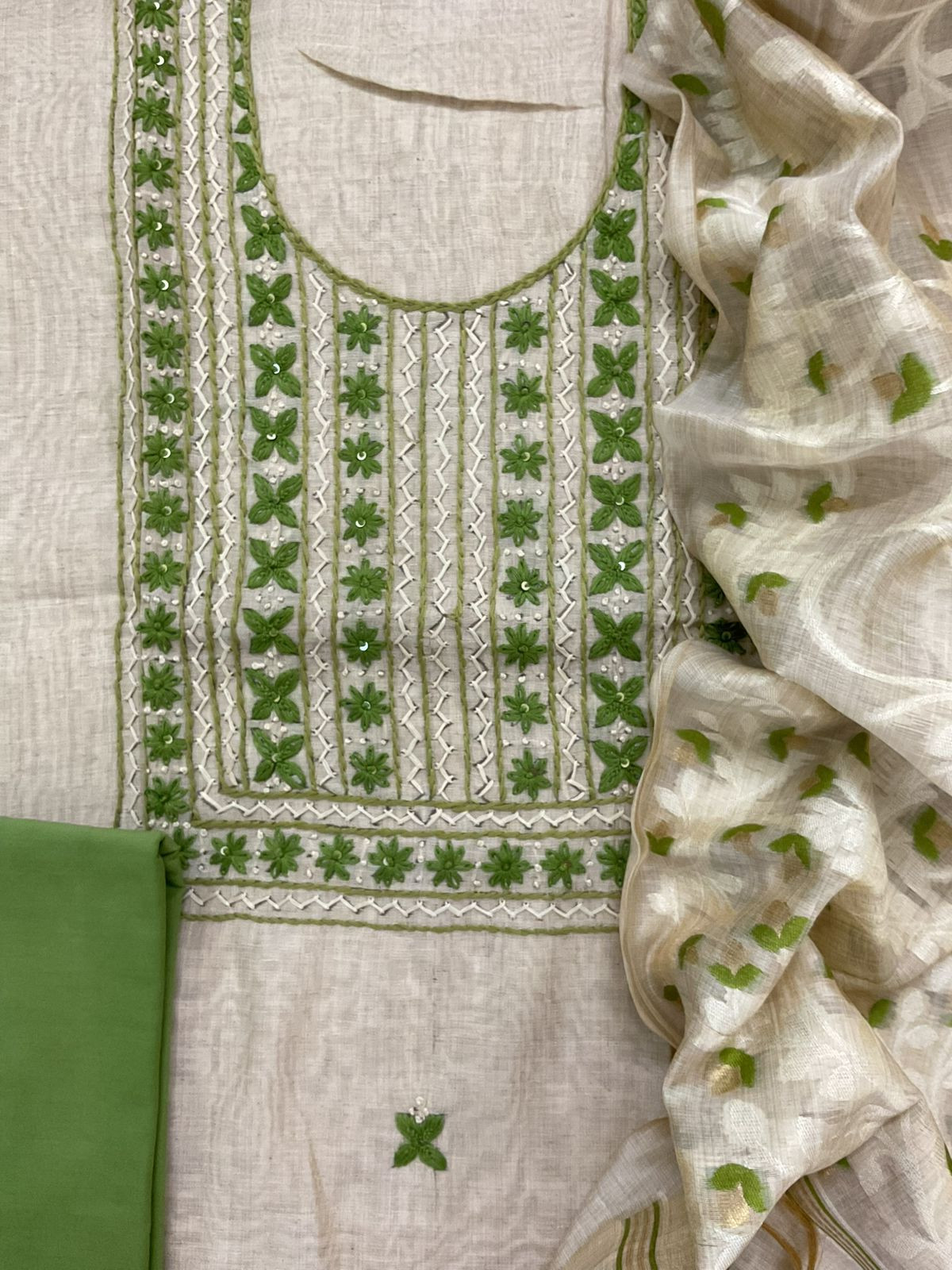 Soft Slub Chanderi Jamdani Weaved Embroidered Suit - Beige