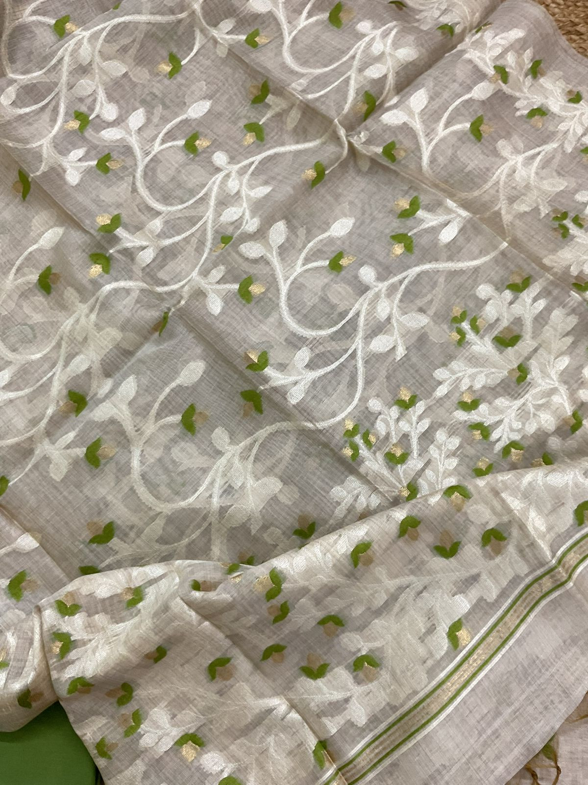 Soft Slub Chanderi Jamdani Weaved Embroidered Suit - Beige