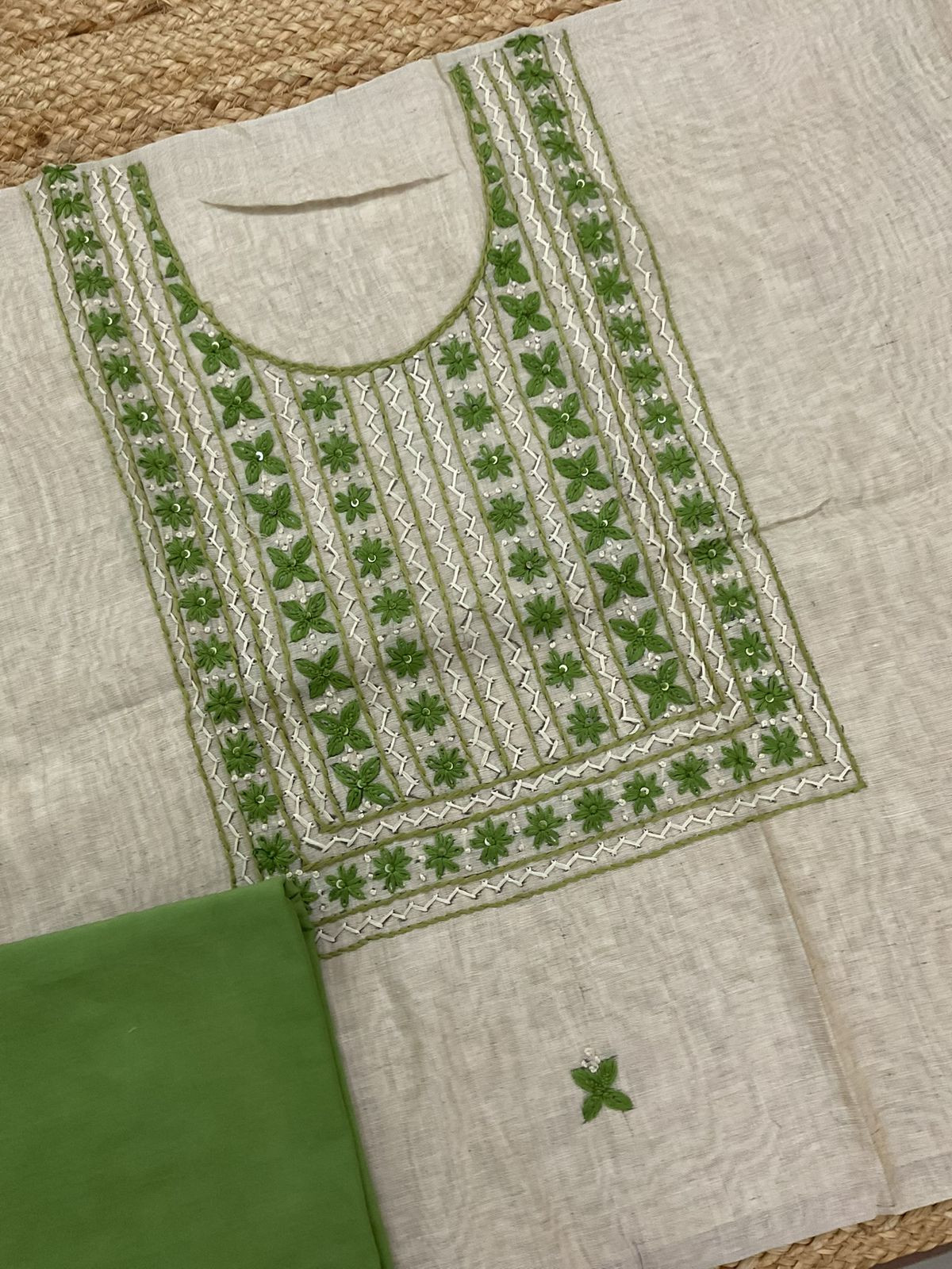 Soft Slub Chanderi Jamdani Weaved Embroidered Suit - Beige