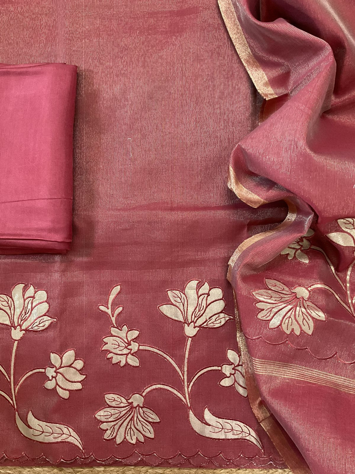 Soft Tissue Chanderi Embroidered Suit - Maroon