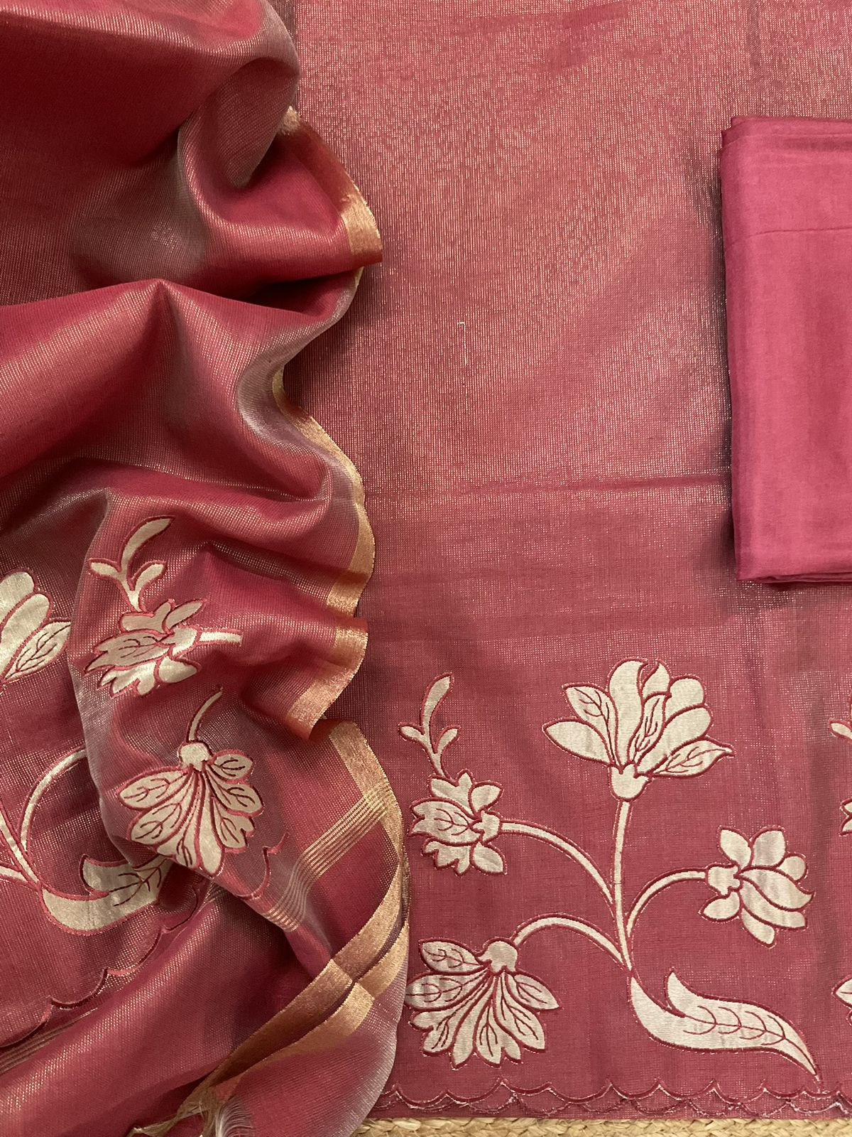 Soft Tissue Chanderi Embroidered Suit - Maroon