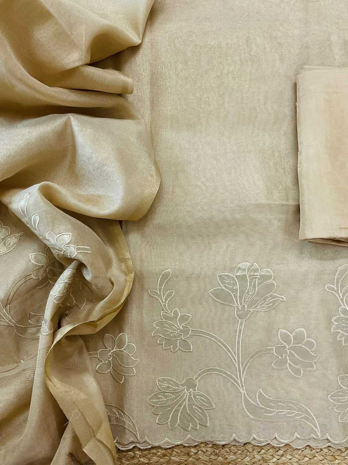 Soft Tissue Chanderi Embroidered Suit - Beige