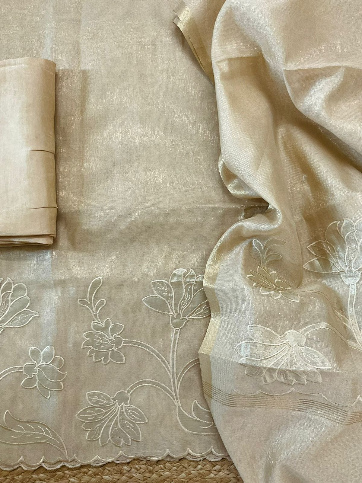 Soft Tissue Chanderi Embroidered Suit - Beige