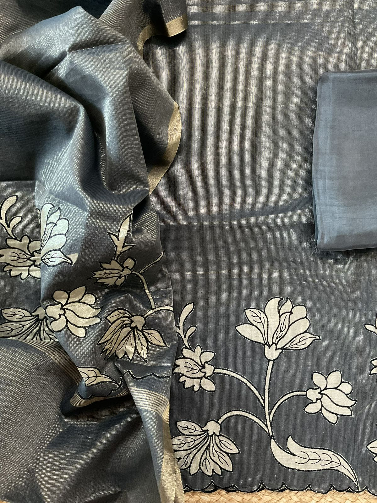 Soft Tissue Chanderi Embroidered Suit - Grey