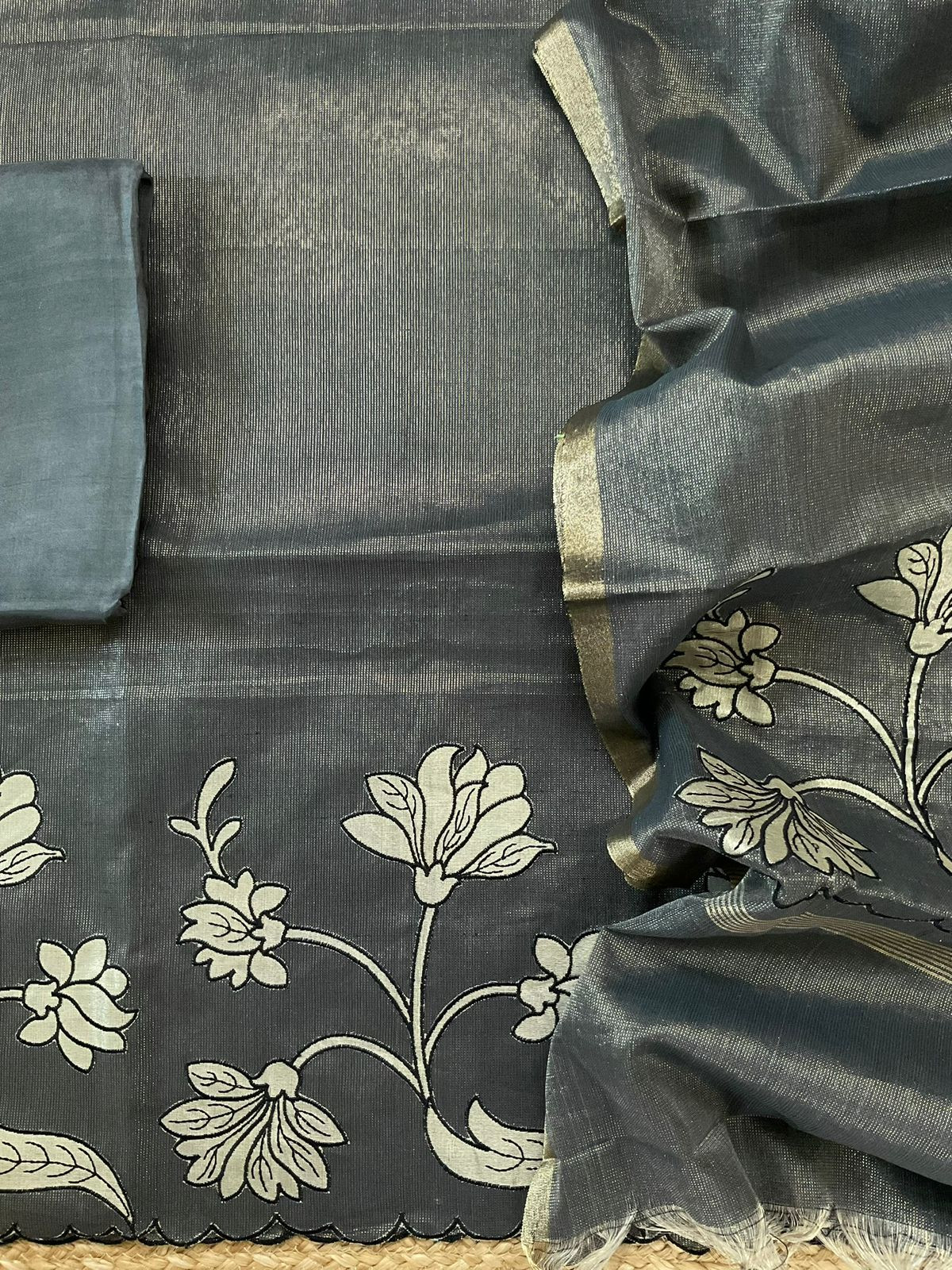 Soft Tissue Chanderi Embroidered Suit - Grey