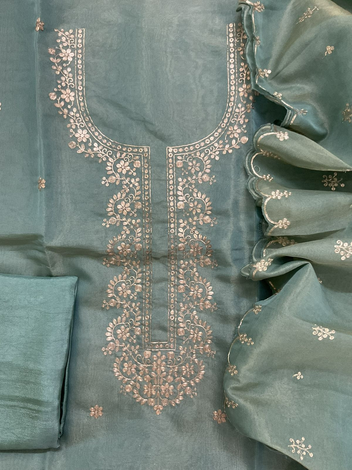 Soft Tissue Shimmer Silk Embroidered Suit - Blue