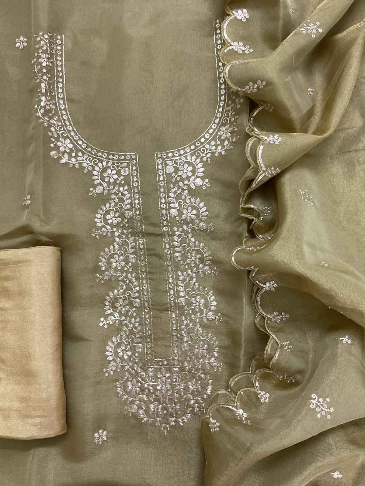 Soft Tissue Shimmer Silk Embroidered Suit - Greenish Golden