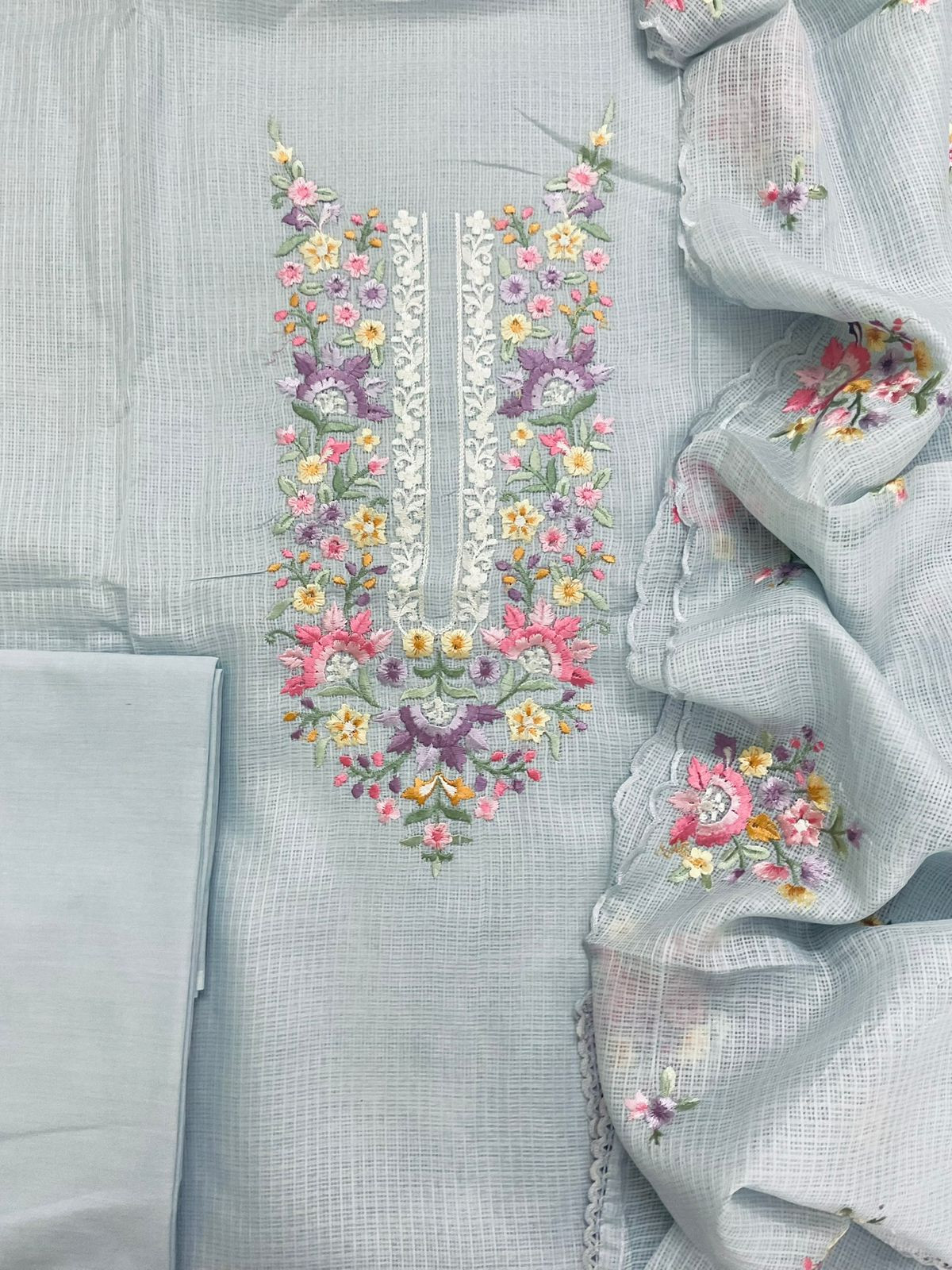 Soft Kota Silk Embroidered Suit - Grey