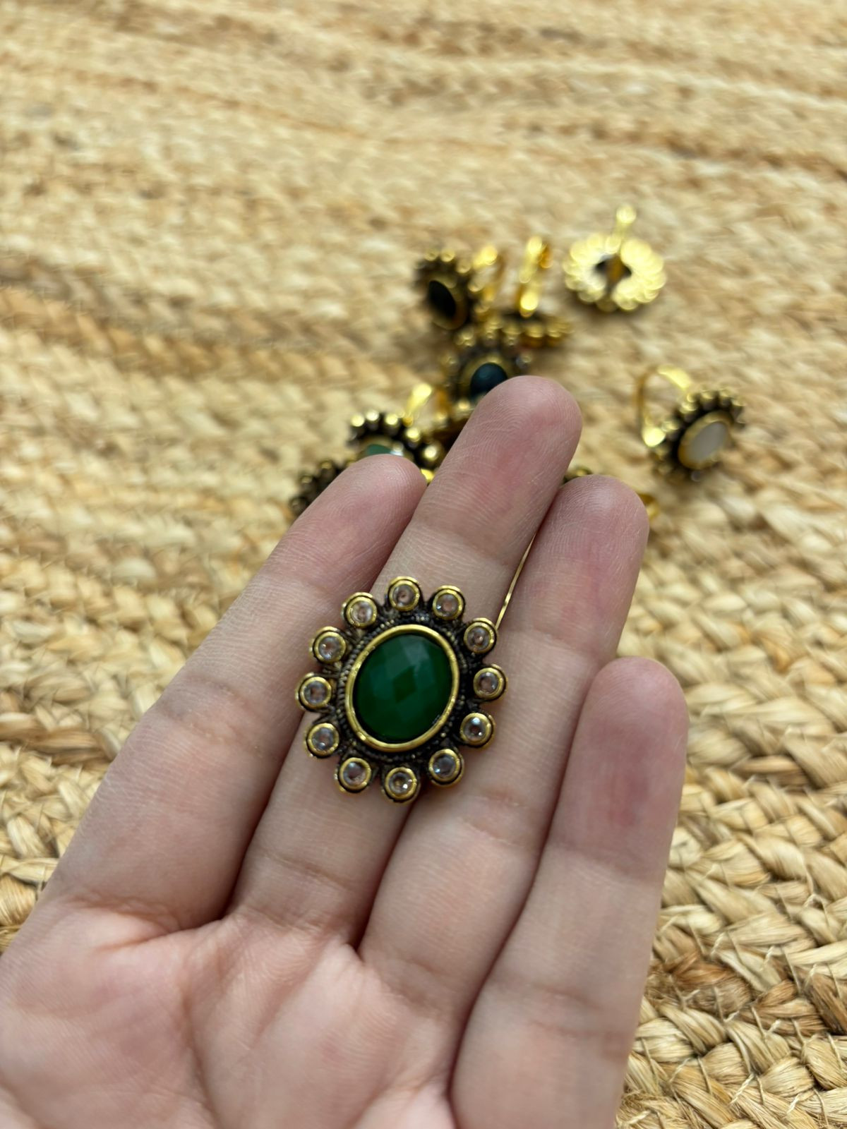 Metallic Oxidised Adjustable Gold Finger Ring - Green