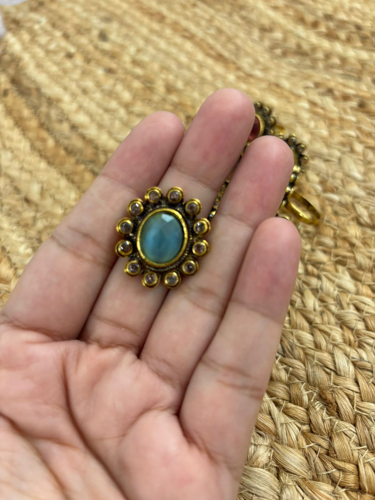 Metallic Oxidised Adjustable Gold Finger Ring - Blue