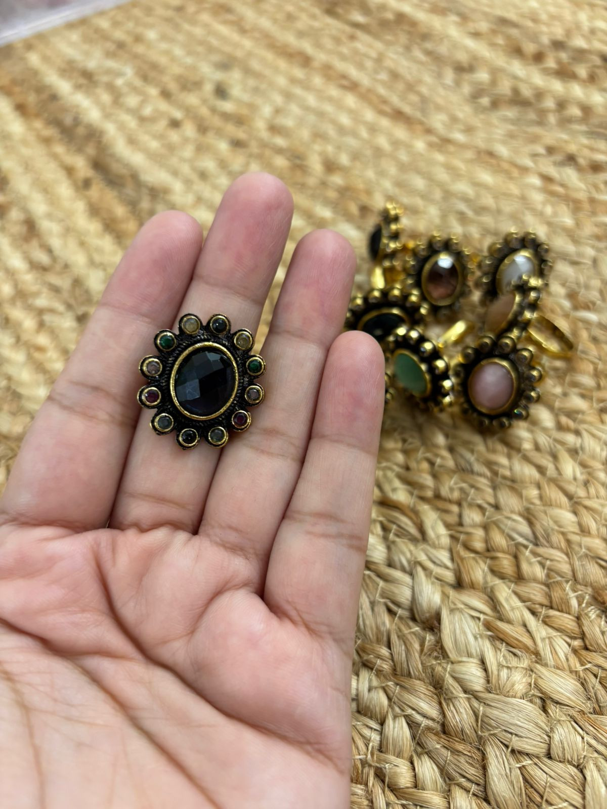 Metallic Oxidised Adjustable Gold Finger Ring - Blue Multi