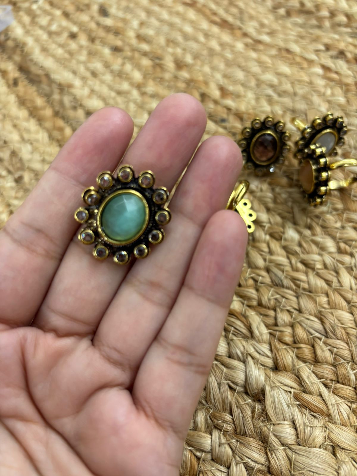 Metallic Oxidised Adjustable Gold Finger Ring - Sea Green