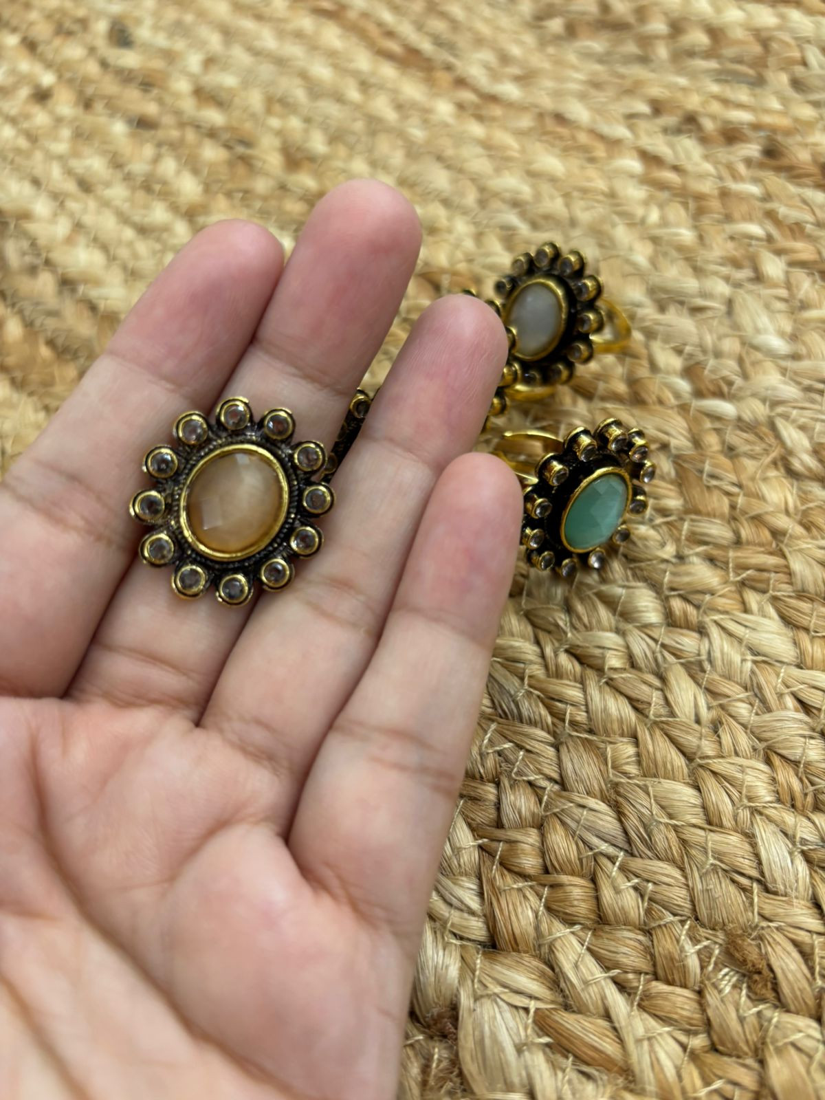 Metallic Oxidised Adjustable Gold Finger Ring - Beige