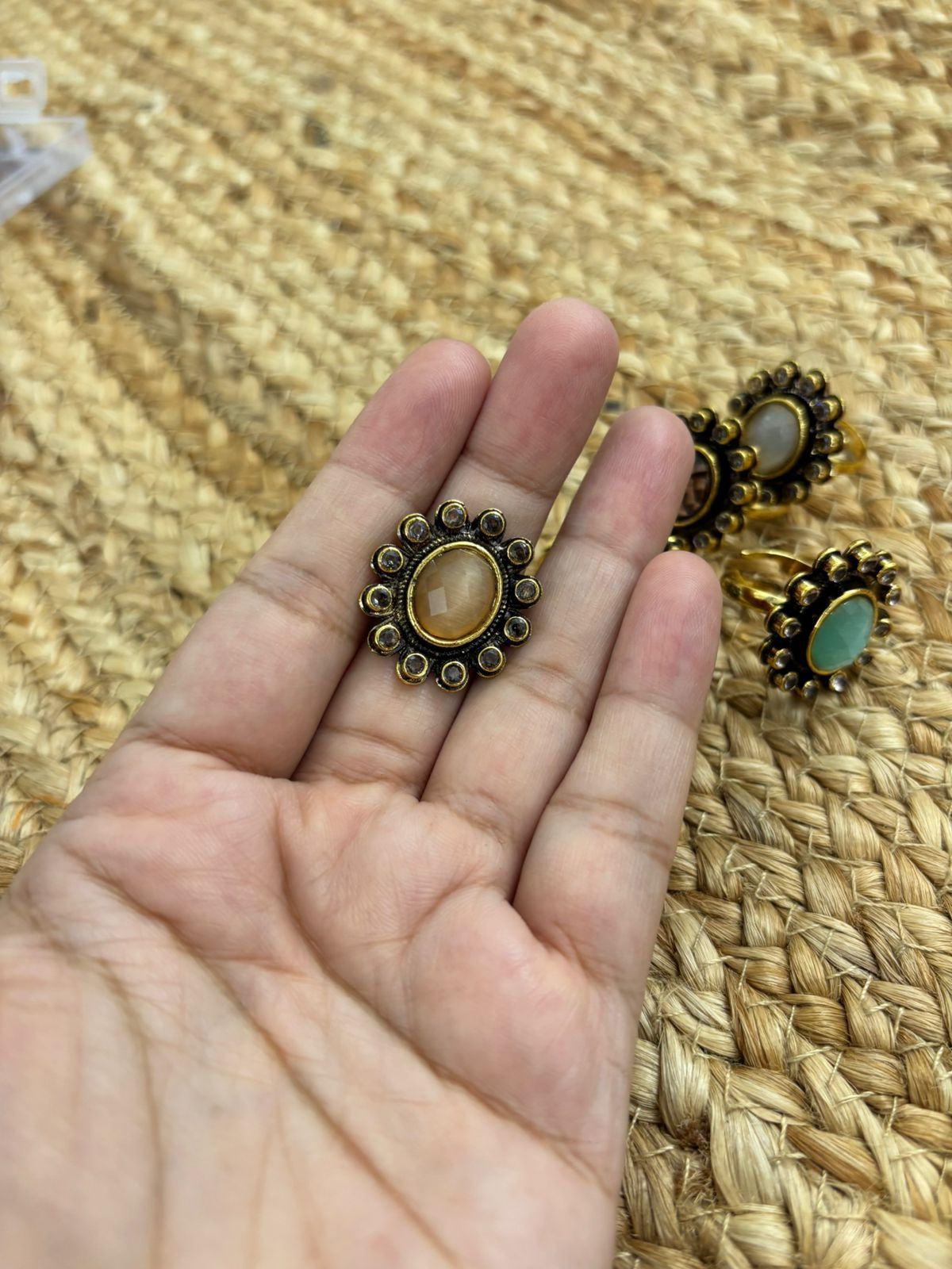 Metallic Oxidised Adjustable Gold Finger Ring - Beige