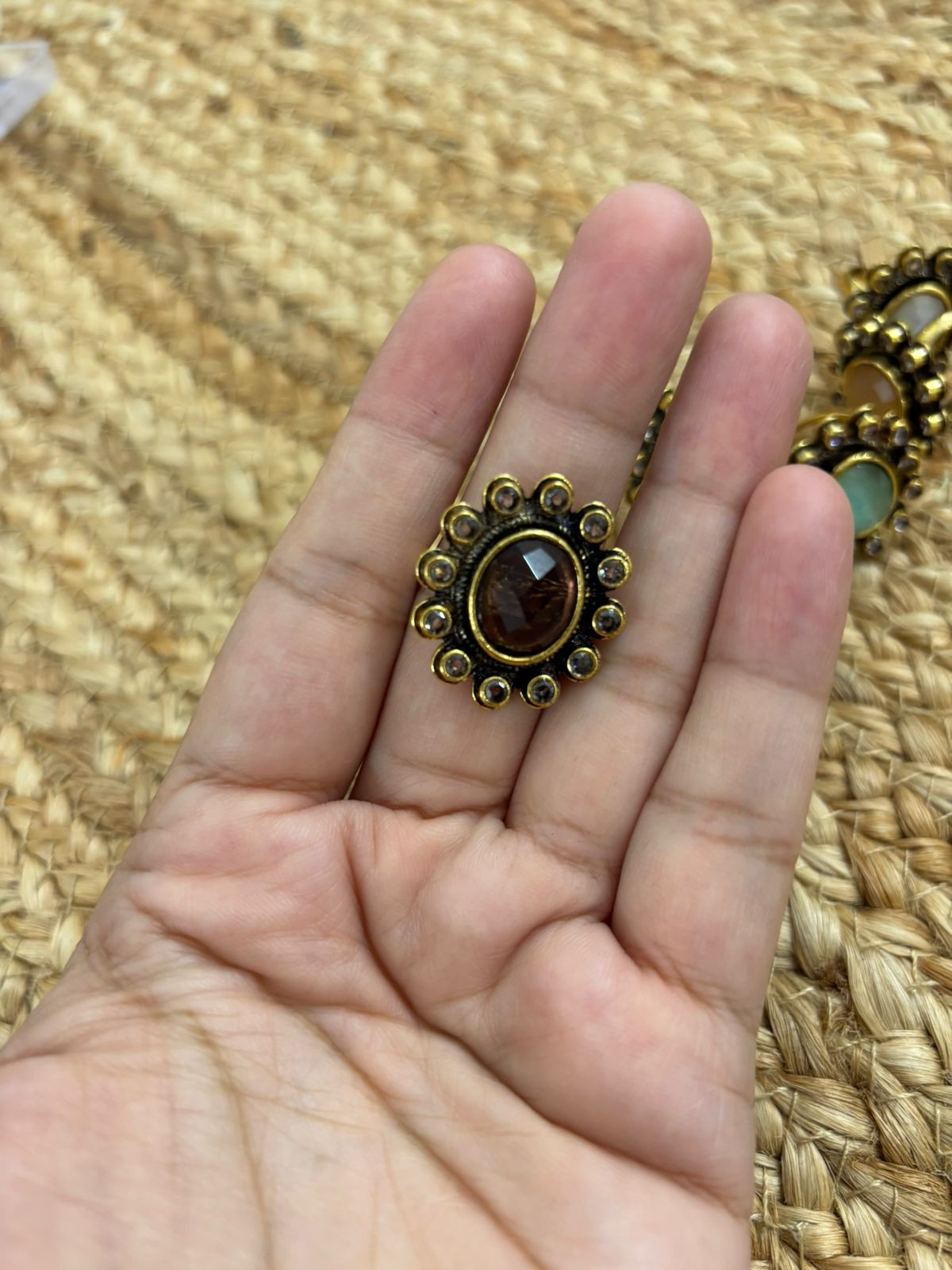 Metallic Oxidised Adjustable Gold Finger Ring - Brown