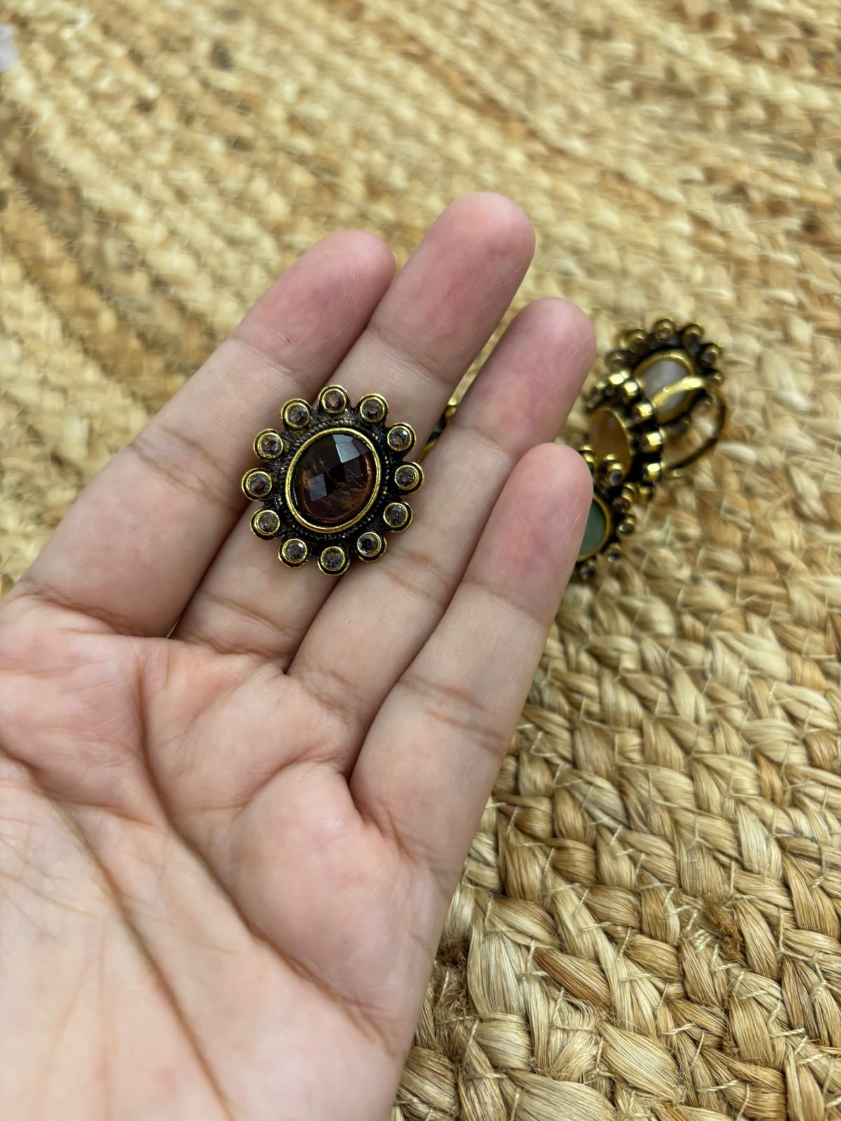 Metallic Oxidised Adjustable Gold Finger Ring - Brown