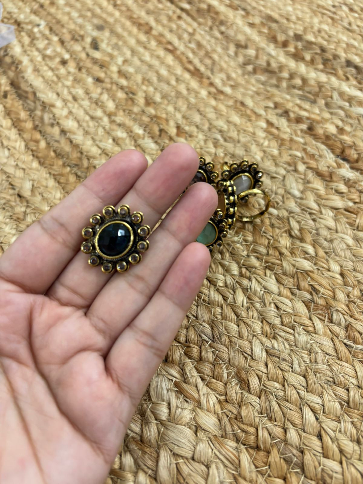 Metallic Oxidised Adjustable Gold Finger Ring - Blue