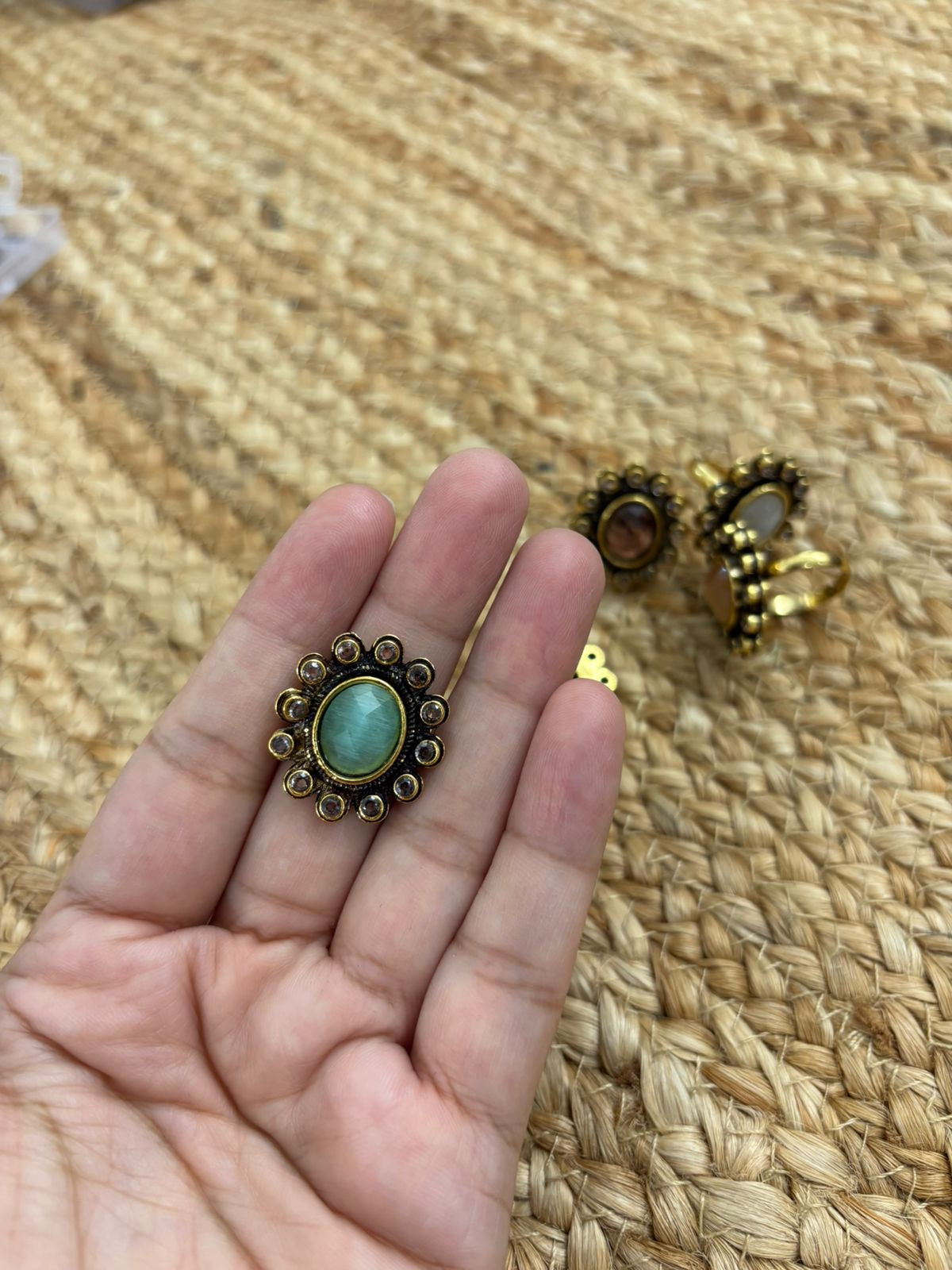 Metallic Oxidised Adjustable Gold Finger Ring - Sea Green