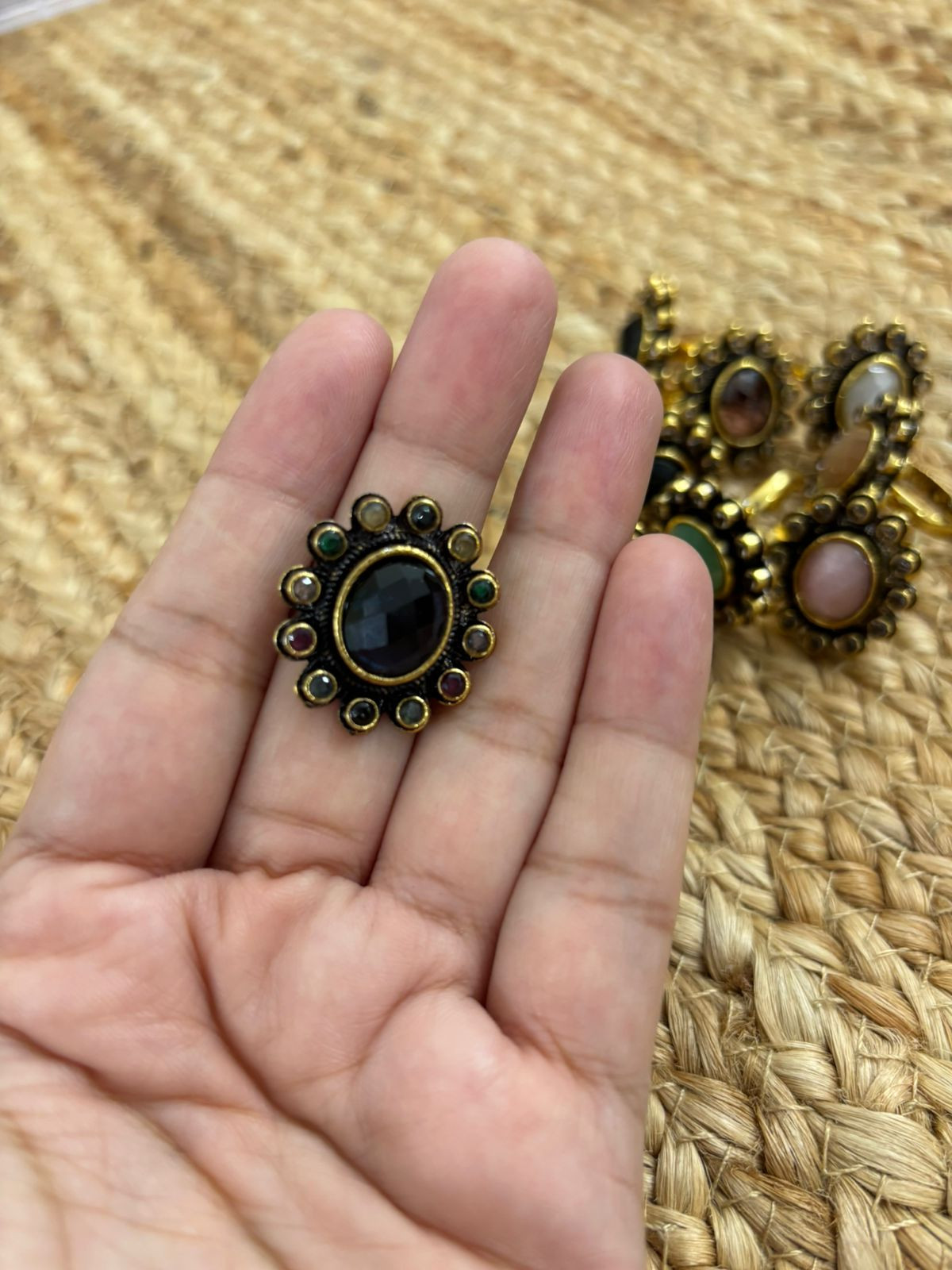 Metallic Oxidised Adjustable Gold Finger Ring - Blue Multi