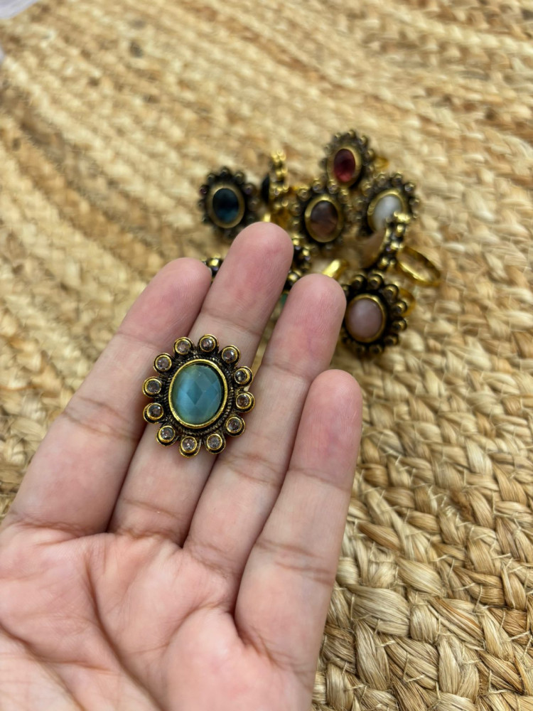 Image of Metallic Oxidised Adjustable Gold Finger Ring - Blue