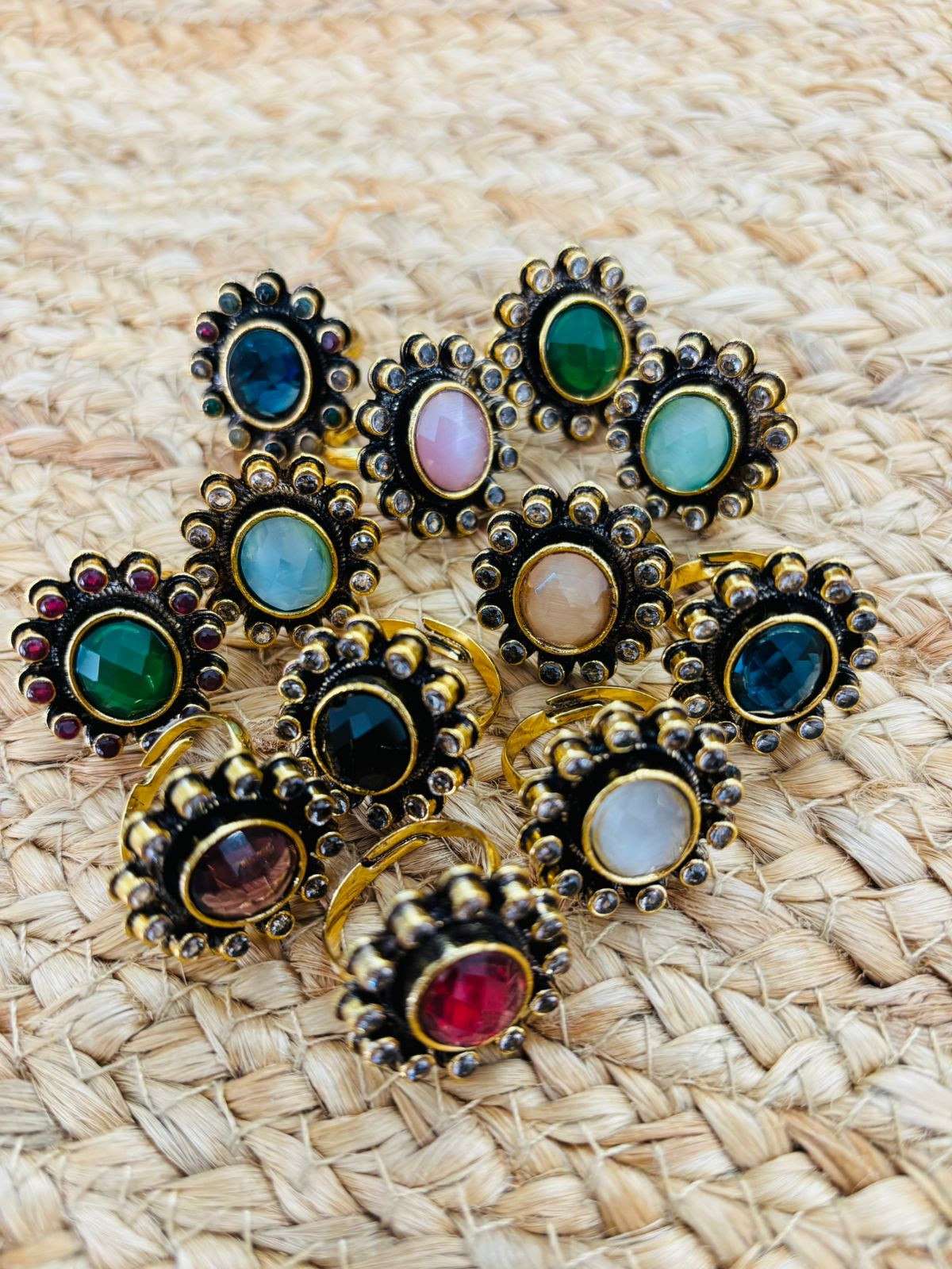 Metallic Oxidised Adjustable Gold Finger Ring - Blue Multi