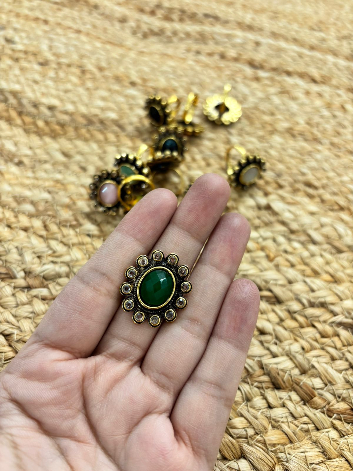 Metallic Oxidised Adjustable Gold Finger Ring - Green