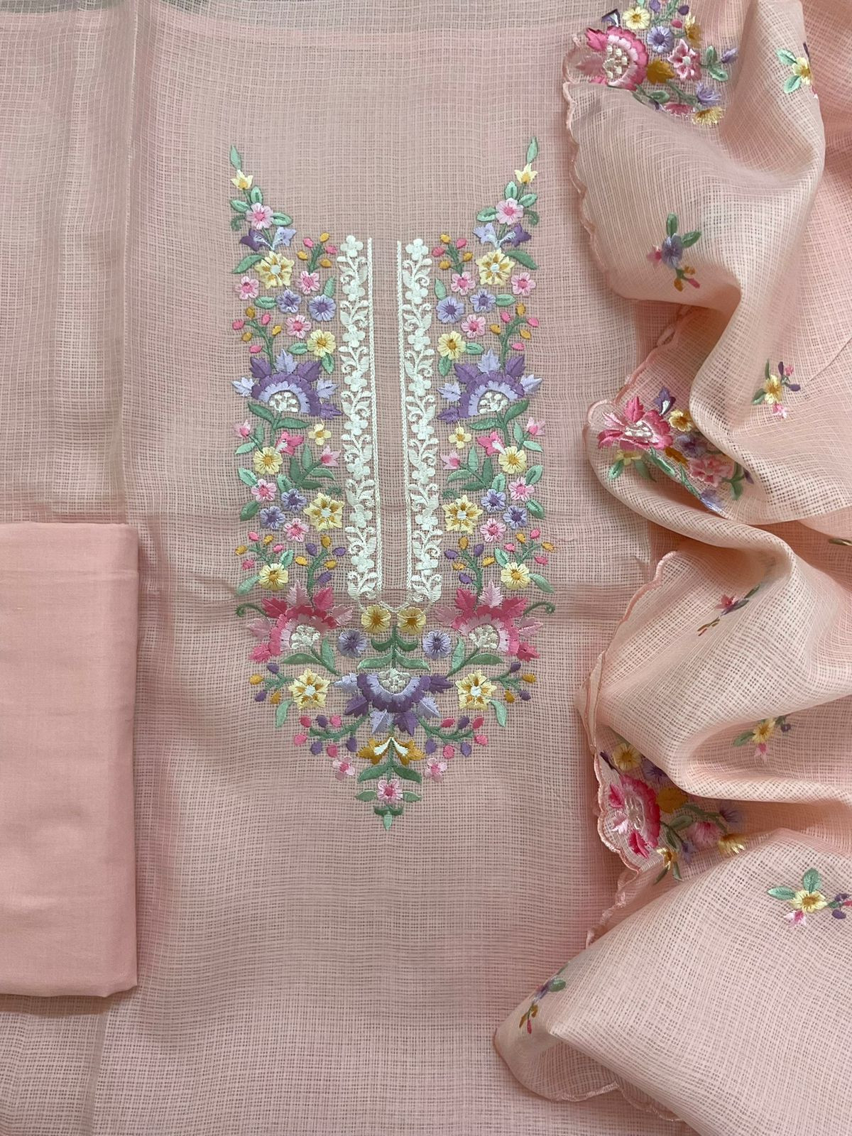 Soft Kota Silk Embroidered Suit - Peach